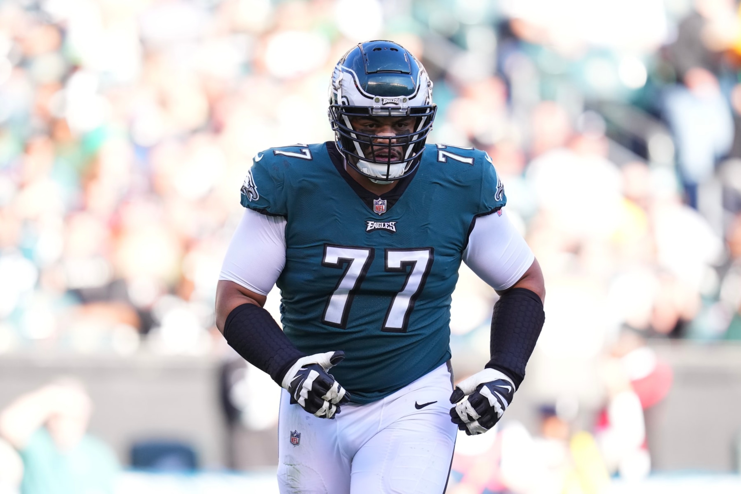 PHILADELPHIA, PA - OCTOBER 30: Andre Dillard #77 of the Philadelphia Eagles looks on against the Pittsburgh Steelers at Lincoln Financial Field on October 30, 2022 in Philadelphia, Pennsylvania. (Photo by Mitchell Leff/Getty Images)
