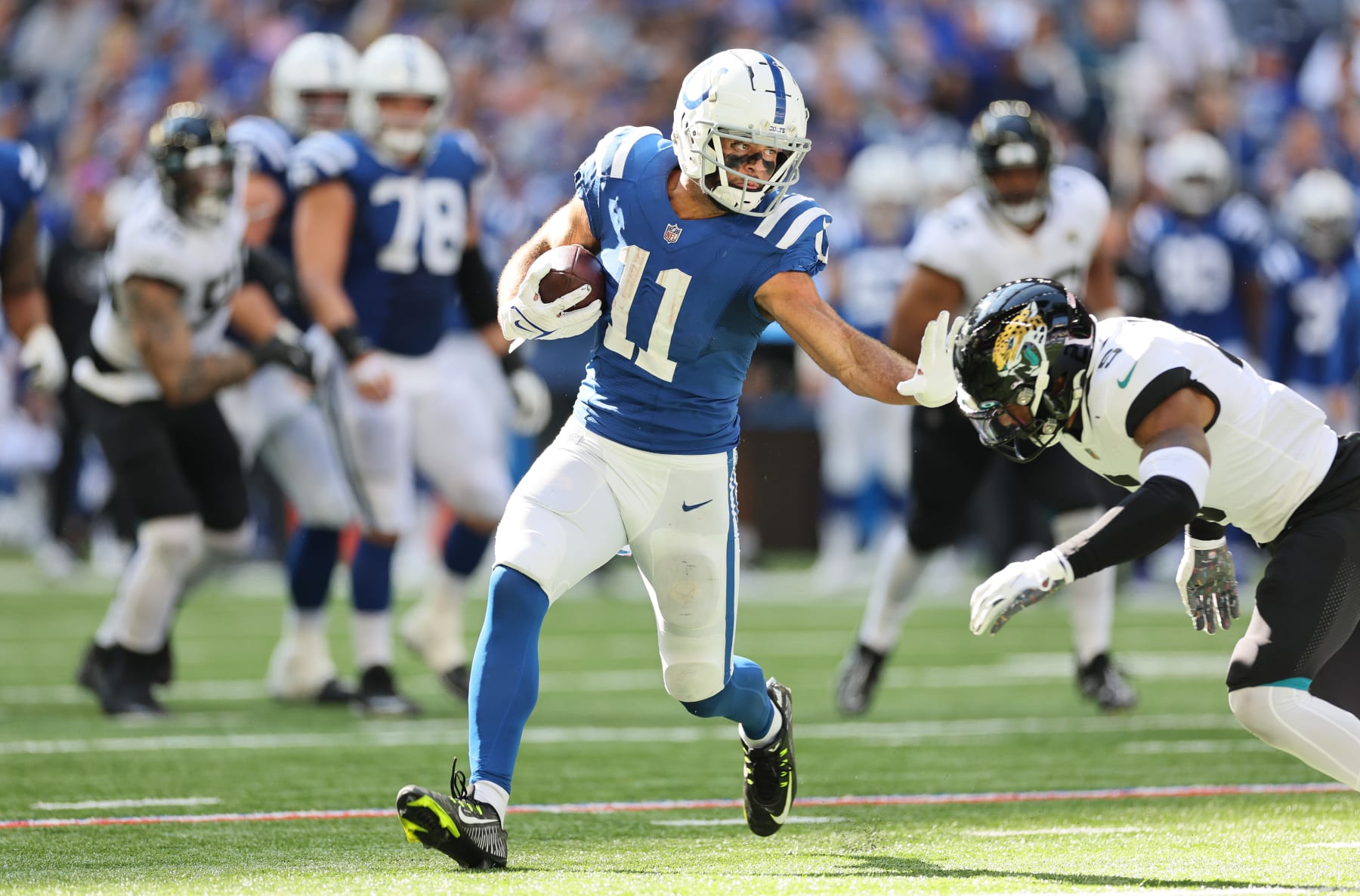 INDIANAPOLIS, INDIANA - OCTOBER 16:  Michael Pittman Jr. #11 of the Indianapolis Colts against the Jacksonville Jaguars at Lucas Oil Stadium on October 16, 2022 in Indianapolis, Indiana. (Photo by Andy Lyons/Getty Images)