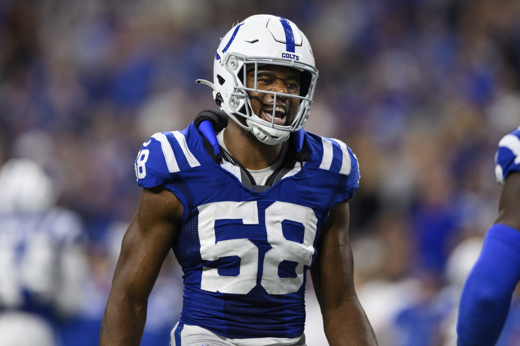 Indianapolis Colts linebacker Bobby Okereke (58) celebrates a sack during an NFL football game against the Washington Commanders, Sunday, Oct. 30, 2022, in Indianapolis. (AP Photo/Zach Bolinger)