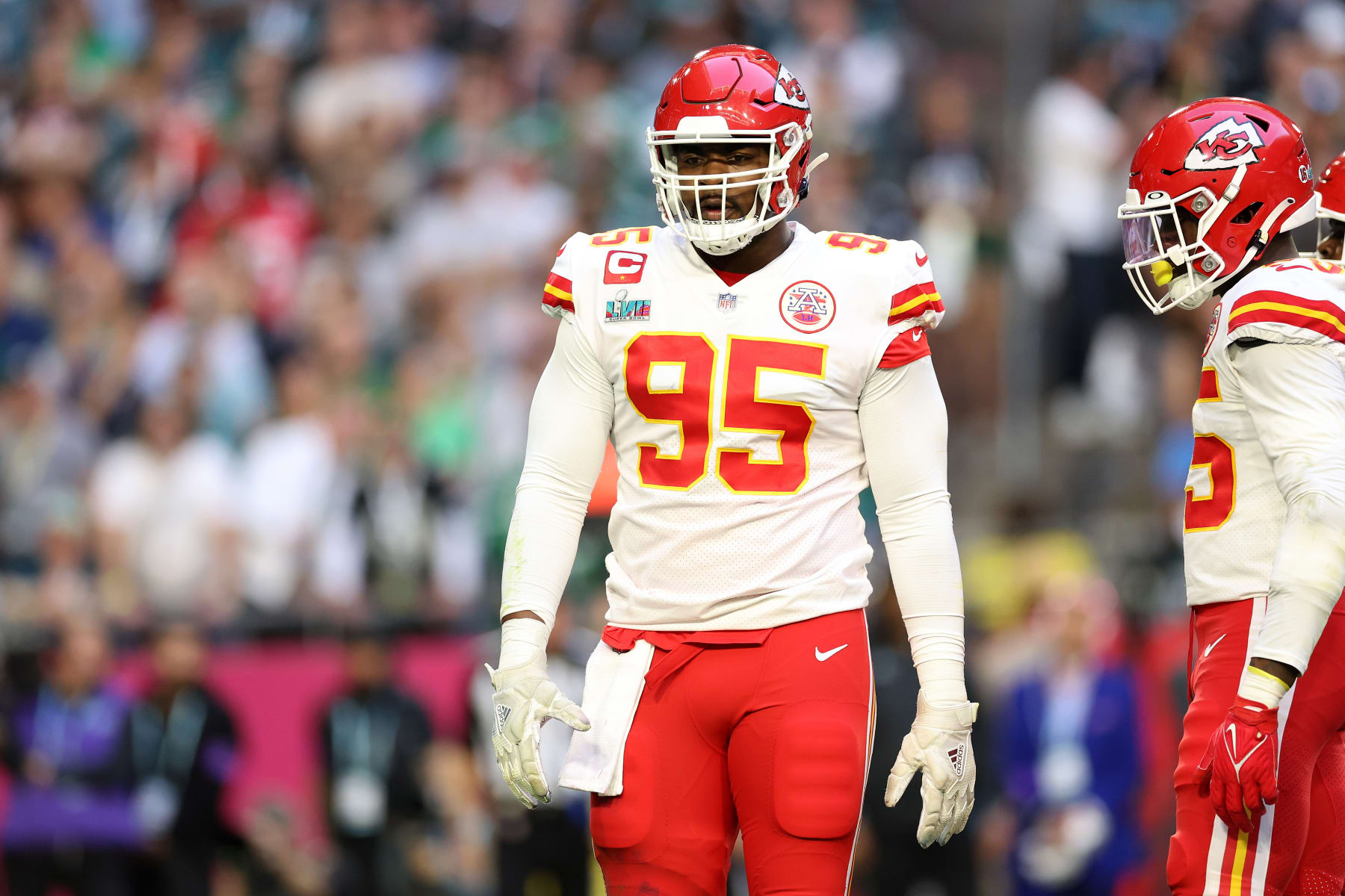 GLENDALE, ARIZONA - FEBRUARY 12: Chris Jones #95 of the Kansas City Chiefs looks on against the Philadelphia Eagles during the second quarter in Super Bowl LVII at State Farm Stadium on February 12, 2023 in Glendale, Arizona. (Photo by Christian Petersen/Getty Images)