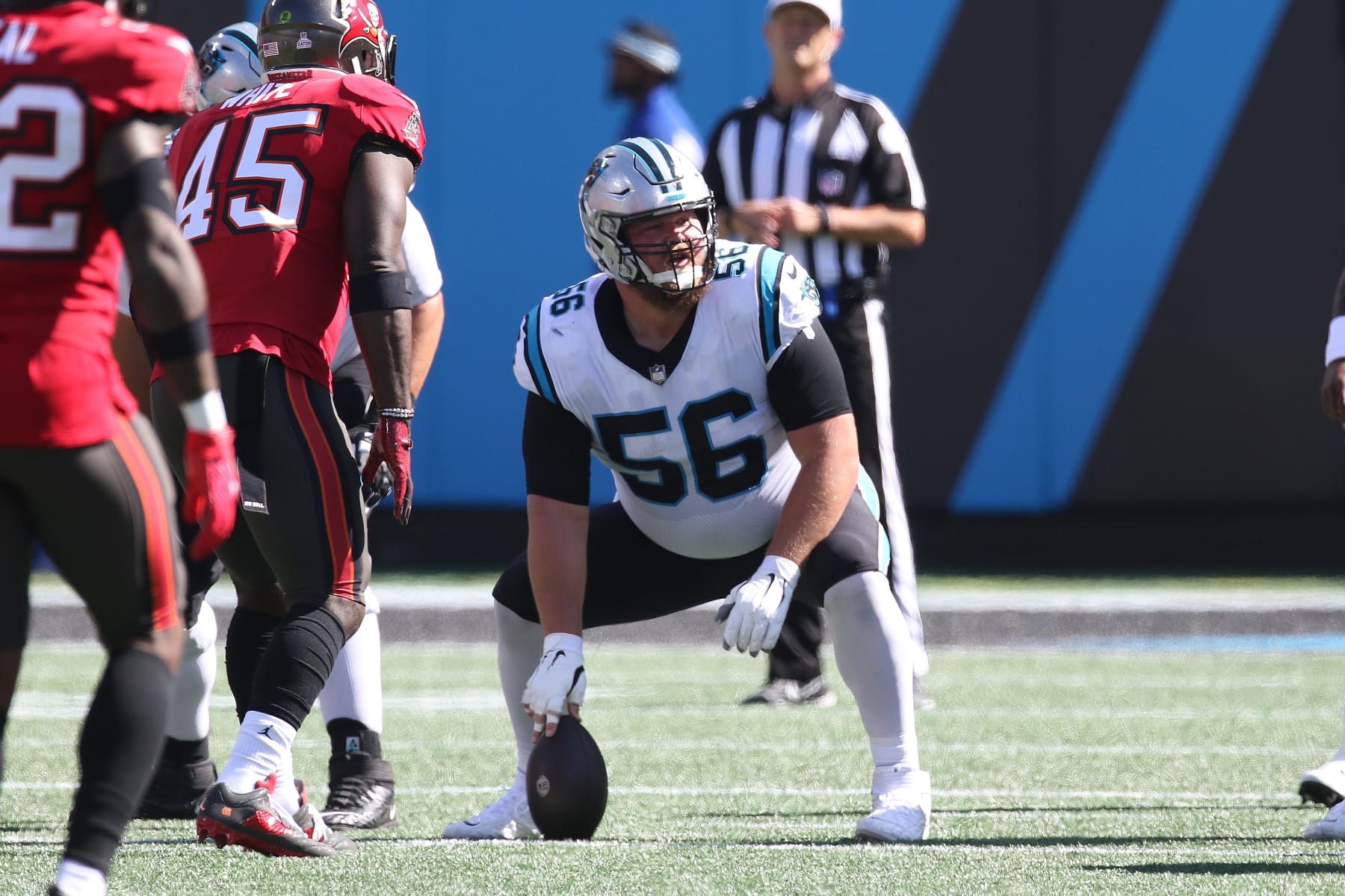 CHARLOTTE, NC - OCTOBER 23: Carolina Panthers center/guard Bradley Bozeman (56) during an NFL football game between the Tampa Bay Buccaneers and the Carolina Panthers on October 23, 2022 at Bank of America Stadium in Charlotte, N.C. (Photo by John Byrum/Icon Sportswire via Getty Images)