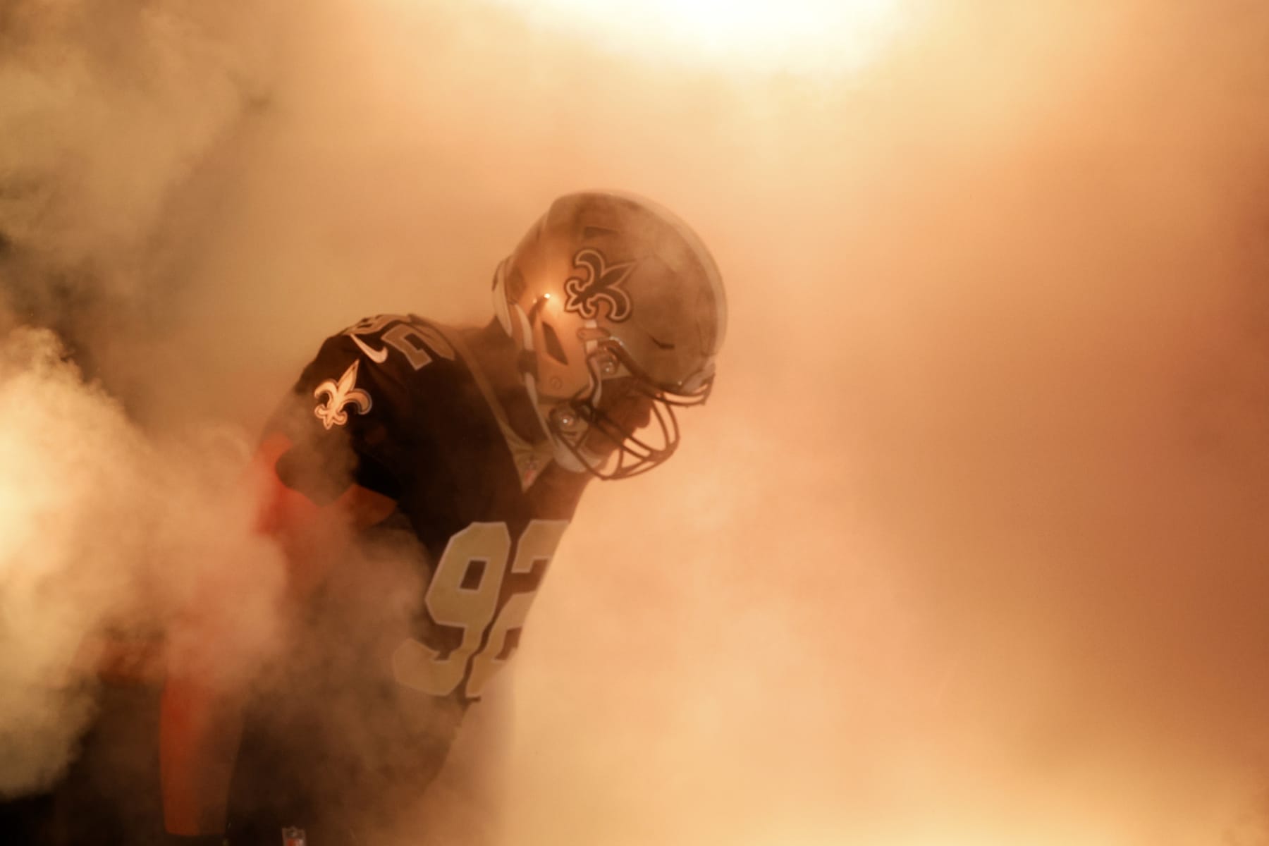 NEW ORLEANS, LOUISIANA - OCTOBER 09: Marcus Davenport #92 of the New Orleans Saints is introduced prior to playing the Seattle Seahawks  at Caesars Superdome on October 09, 2022 in New Orleans, Louisiana. (Photo by Chris Graythen/Getty Images)