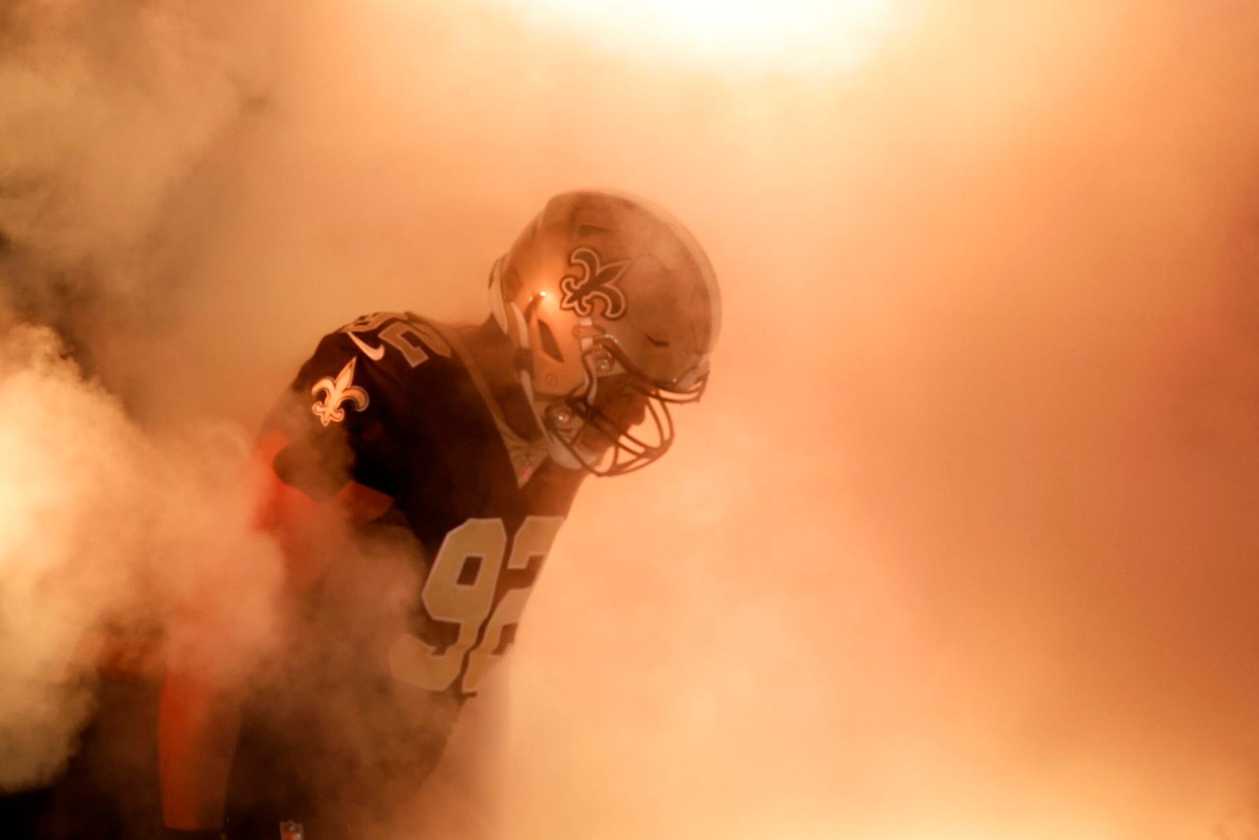 NEW ORLEANS, LOUISIANA - OCTOBER 09: Marcus Davenport #92 of the New Orleans Saints is introduced prior to playing the Seattle Seahawks  at Caesars Superdome on October 09, 2022 in New Orleans, Louisiana. (Photo by Chris Graythen/Getty Images)