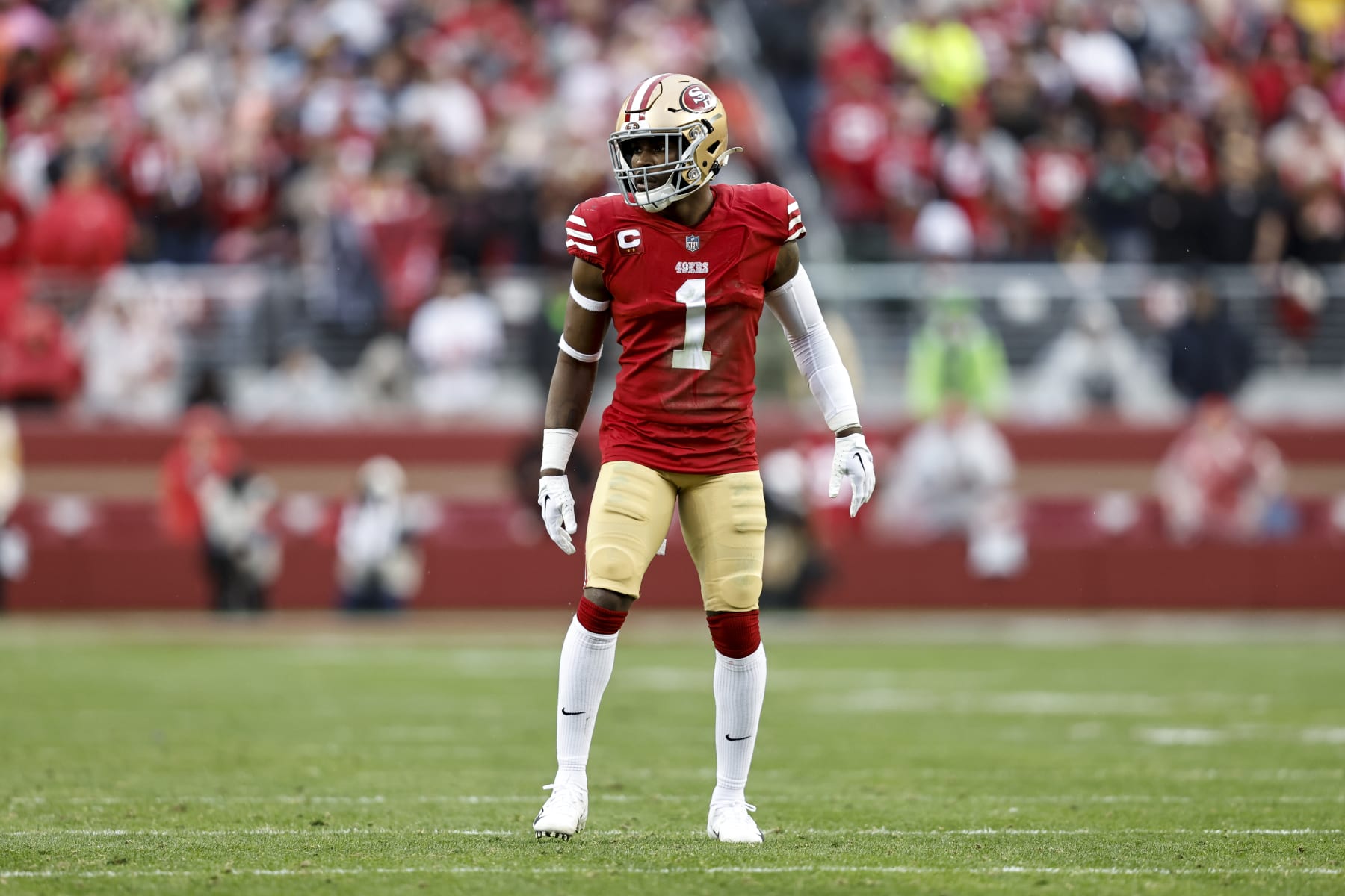 SANTA CLARA, CALIFORNIA - JANUARY 14: Jimmie Ward #1 of the San Francisco 49ers looks on during an NFL football game between the San Francisco 49ers and the Seattle Seahawks at Levi's Stadium on January 14, 2023 in Santa Clara, California. (Photo by Michael Owens/Getty Images)