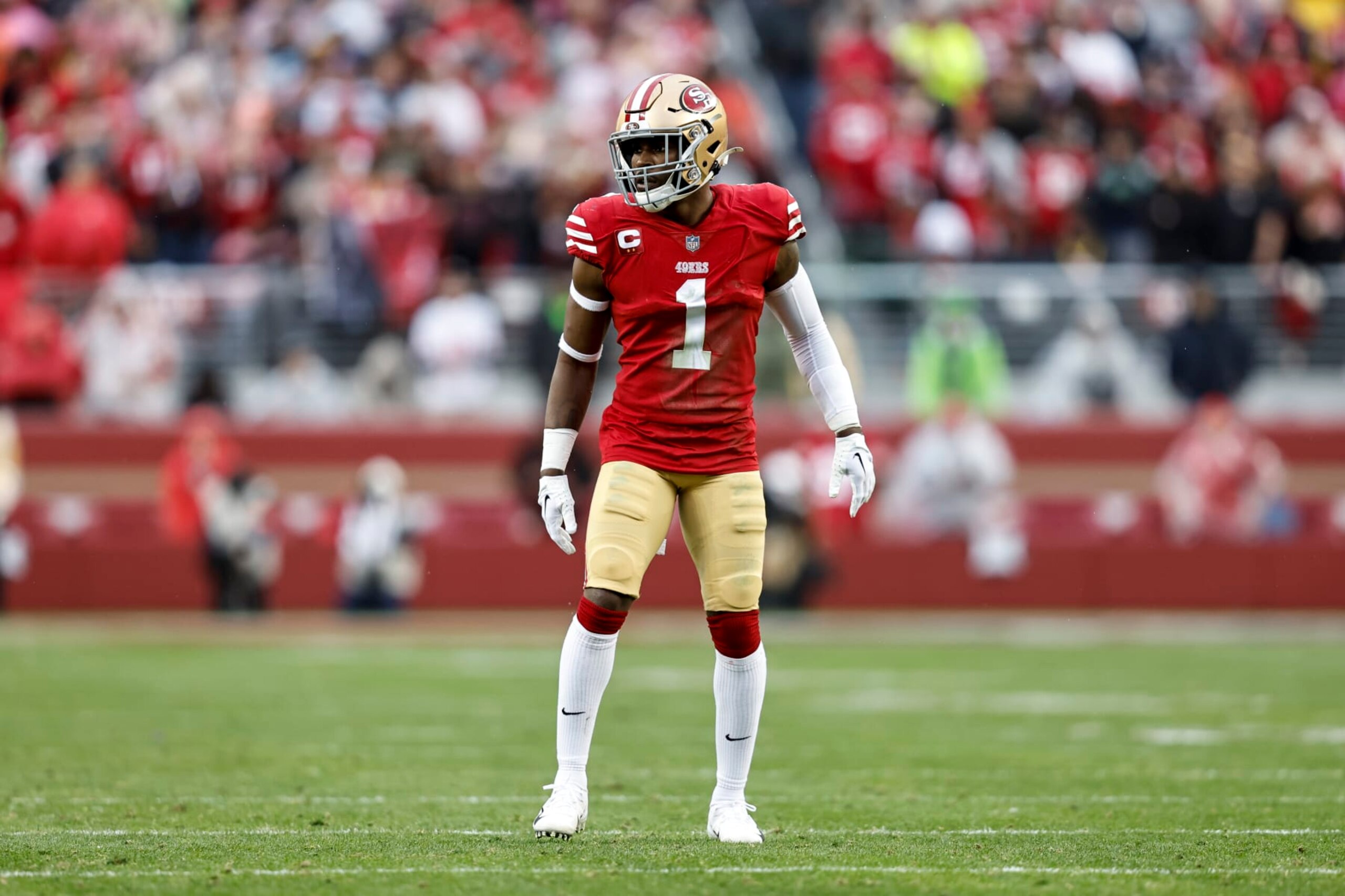 SANTA CLARA, CALIFORNIA - JANUARY 14: Jimmie Ward #1 of the San Francisco 49ers looks on during an NFL football game between the San Francisco 49ers and the Seattle Seahawks at Levi's Stadium on January 14, 2023 in Santa Clara, California. (Photo by Michael Owens/Getty Images)