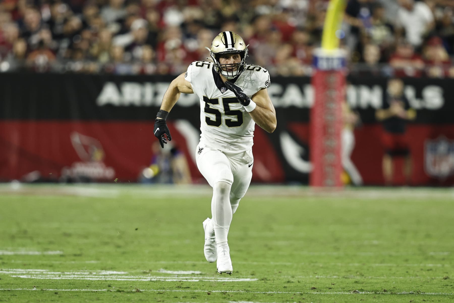 GLENDALE, ARIZONA - OCTOBER 20: Kaden Elliss #55 of the New Orleans Saints runs during an NFL football game between the Arizona Cardinals and the New Orleans Saints at State Farm Stadium on October 20, 2022 in Glendale, Arizona. (Photo by Michael Owens/Getty Images)