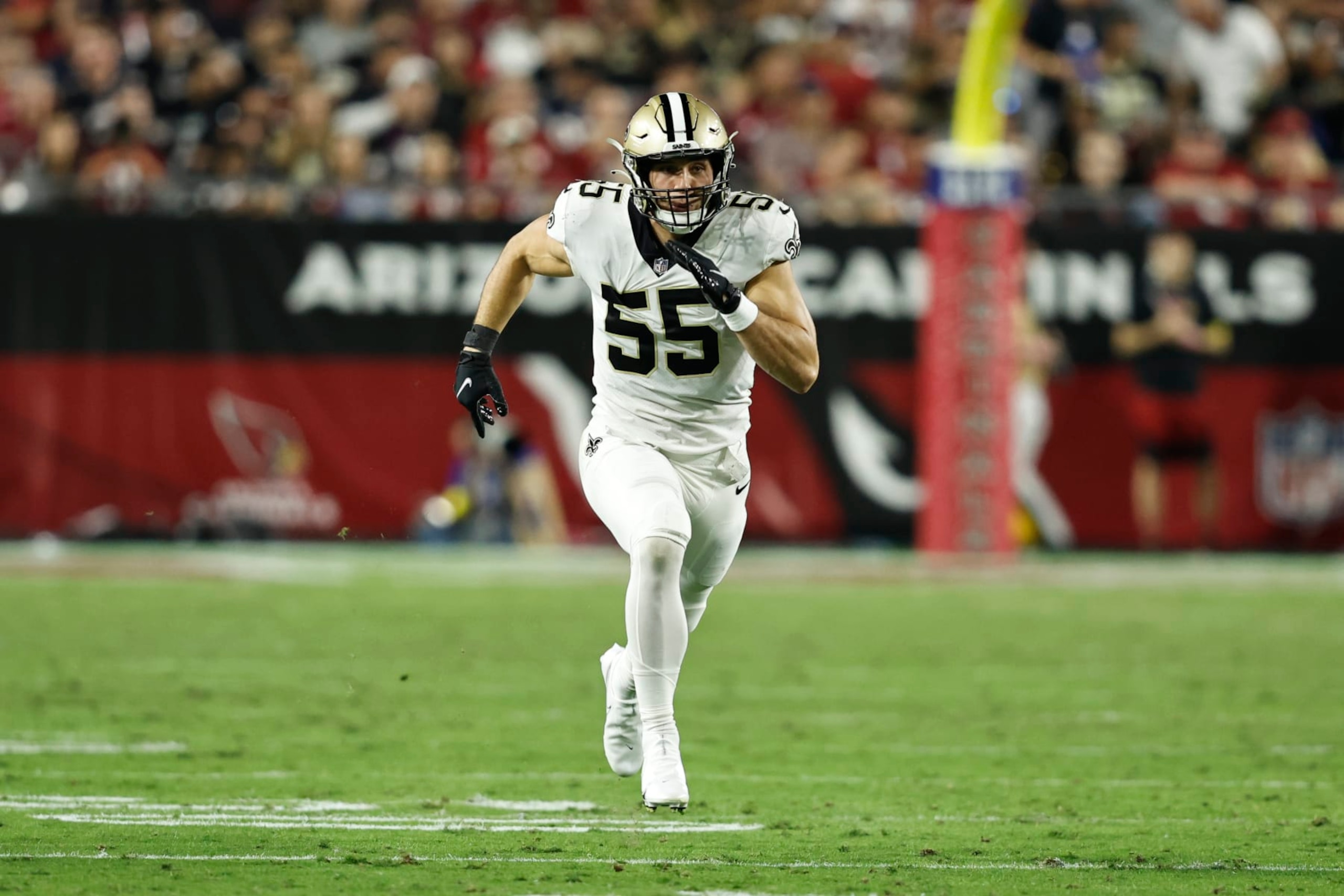 GLENDALE, ARIZONA - OCTOBER 20: Kaden Elliss #55 of the New Orleans Saints runs during an NFL football game between the Arizona Cardinals and the New Orleans Saints at State Farm Stadium on October 20, 2022 in Glendale, Arizona. (Photo by Michael Owens/Getty Images)