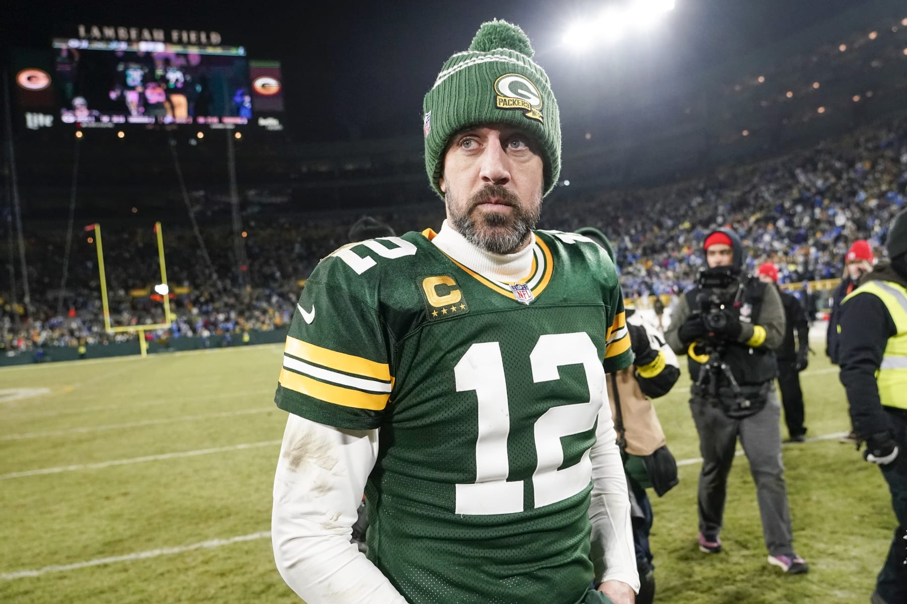 Green Bay Packers' Aaron Rodgers walks off the field after an NFL football game against the Detroit LionsSunday, Jan. 8, 2023, in Green Bay, Wis. (AP Photo/Morry Gash)