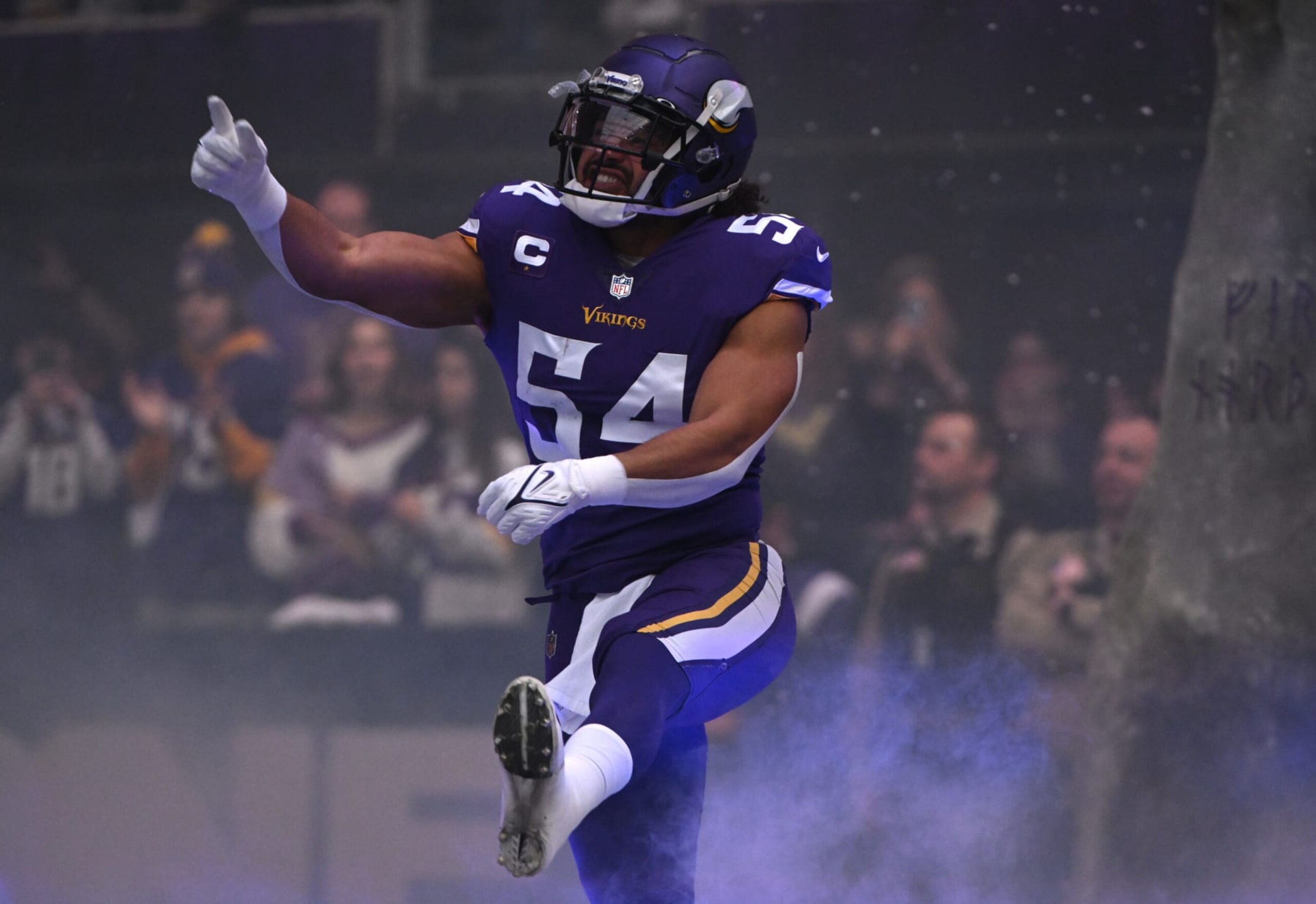 MINNEAPOLIS, MINNESOTA - JANUARY 15: Eric Kendricks #54 of the Minnesota Vikings takes the field prior to the NFC Wild Card playoff game against the New York Giants at U.S. Bank Stadium on January 15, 2023 in Minneapolis, Minnesota. (Photo by Stephen Maturen/Getty Images)