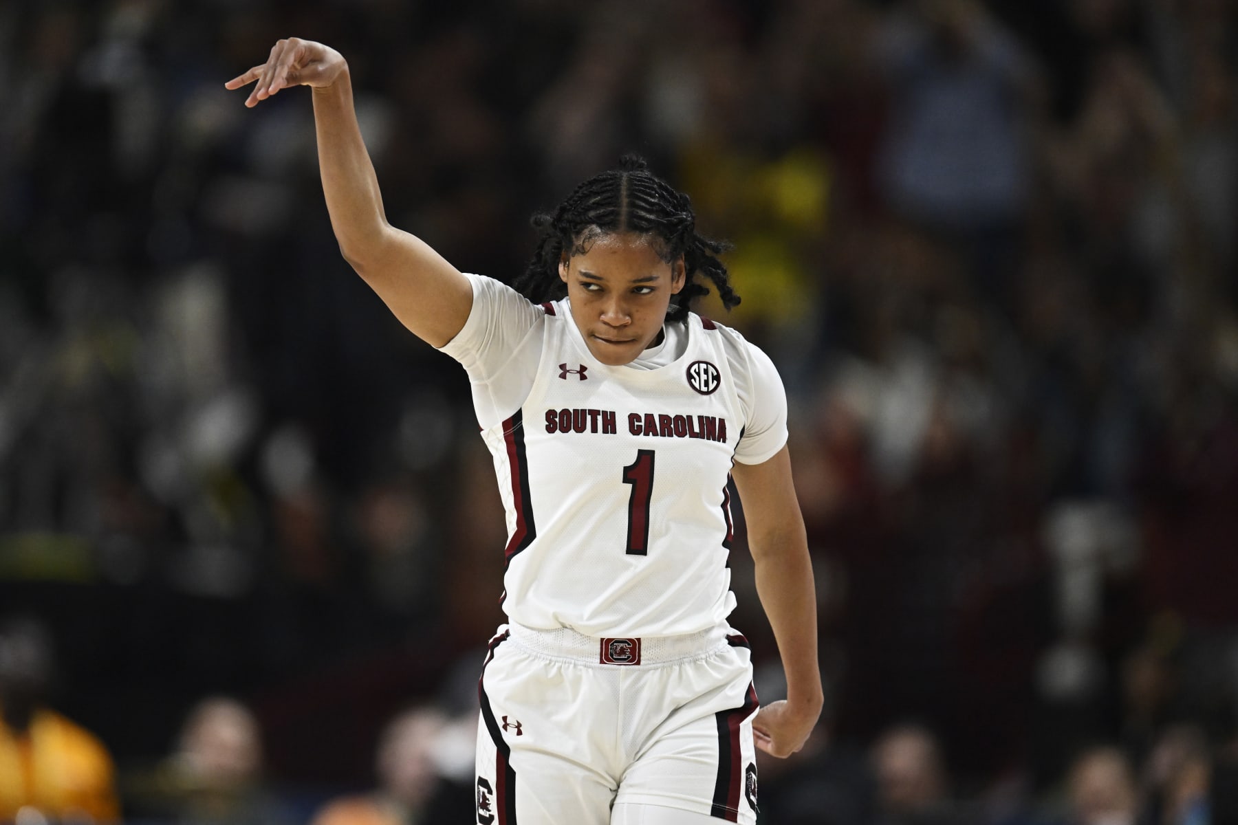 GREENVILLE, SOUTH CAROLINA - MARCH 05: Zia Cooke #1 of the South Carolina Gamecocks celebrates a three point basket against the Tennessee Lady Vols in the second quarter during the championship game of the SEC Women's Basketball Tournament at Bon Secours Wellness Arena on March 05, 2023 in Greenville, South Carolina. (Photo by Eakin Howard/Getty Images)