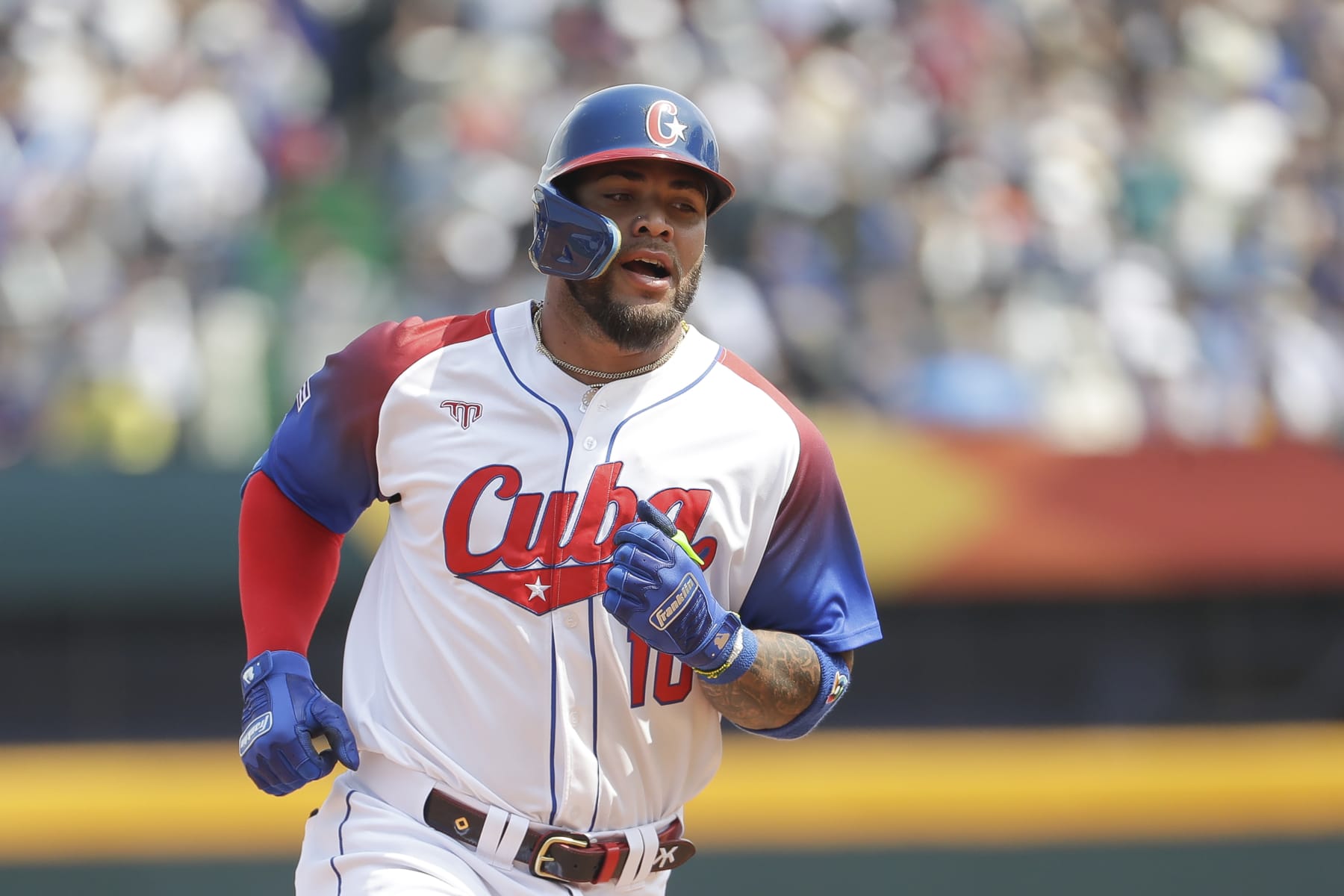 CORRECTS TO MONCADA'S HOME RUN IN THE SECOND INNING - Cuba's Yoan Moncada runs back to home base after his home run in the second inning of a Pool A game against Taiwan, during the World Baseball Classic (WBC) at Taichung Intercontinental Baseball Stadium in Taichung, Taiwan, Sunday, March 12, 2023. (AP Photo/I-Hwa Cheng)