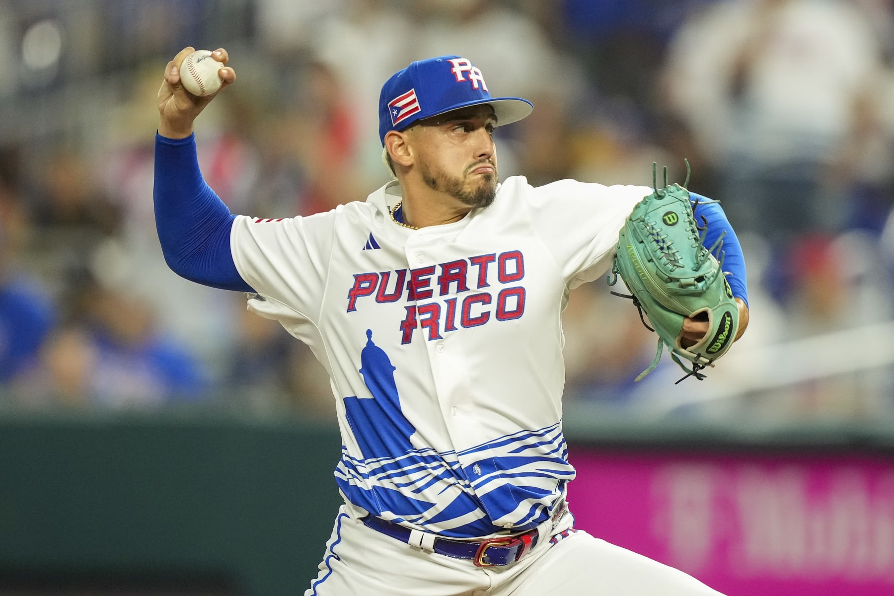MIAMI, FLORIDA - MARCH 13: Jose De Leon #87 of Puerto Rico throws a pitch during the first inning against Israel at loanDepot park on March 13, 2023 in Miami, Florida. (Photo by Eric Espada/Getty Images)