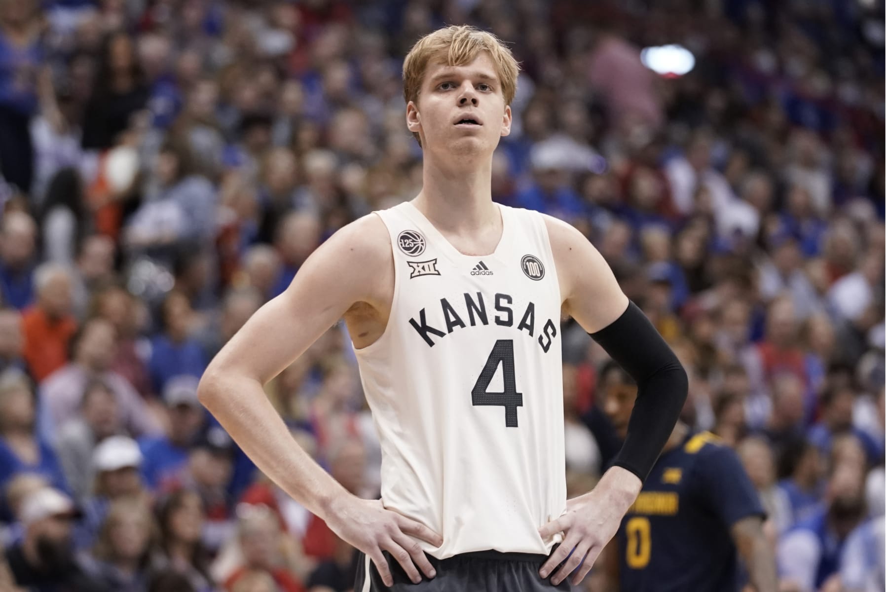 LAWRENCE, KANSAS - FEBRUARY 25: Gradey Dick #4 of the Kansas Jayhawks in action against the West Virginia Mountaineers in the second half at Allen Fieldhouse on February 25, 2023 in Lawrence, Kansas. (Photo by Ed Zurga/Getty Images)