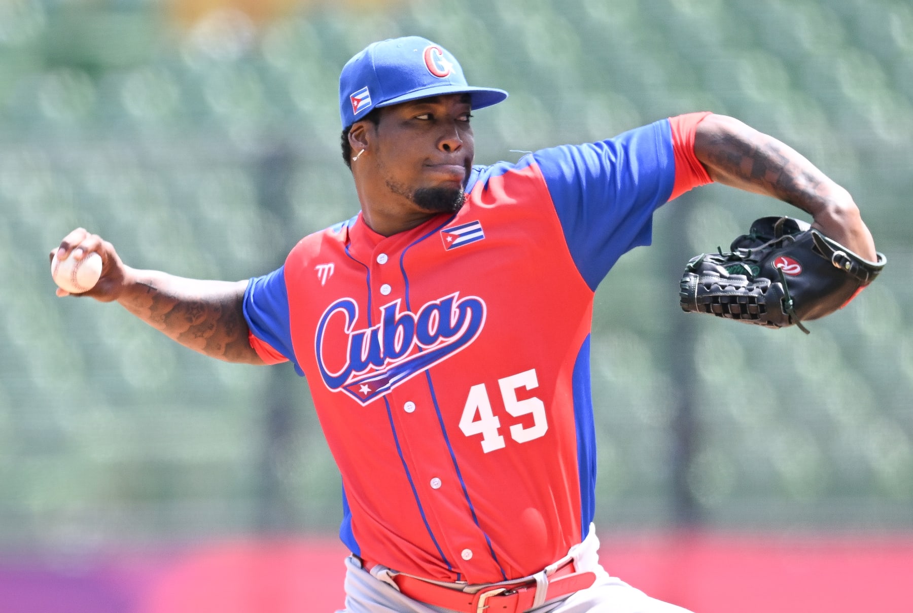 TAICHUNG, TAIWAN - MARCH 06: Miguel Romero #45 of Team Cuba pitchs at the bottom of the 2nd inning during the World Baseball Classic exhibition game between Cuba and CTBC Brothers at Taichung Intercontinental Baseball Stadium on March 06, 2023 in Taichung, Taiwan. (Photo by Gene Wang/Getty Images)