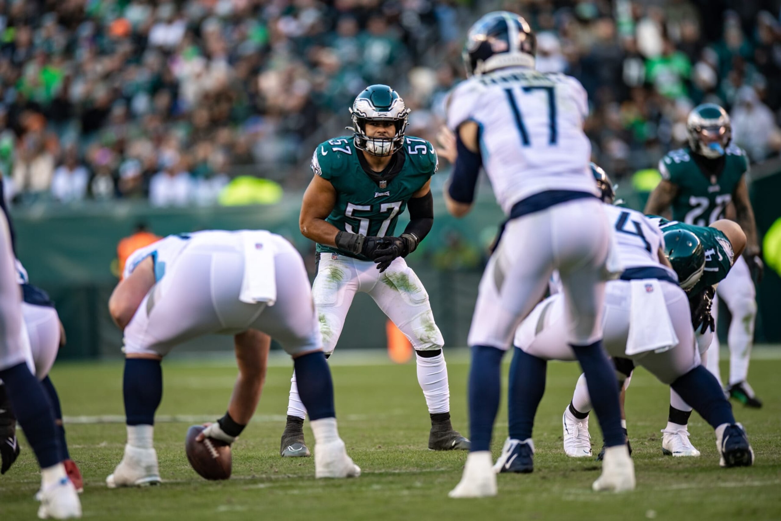 PHILADELPHIA, PA - NOVEMBER 27: Philadelphia Eagles linebacker T.J. Edwards (57) keeps a close eye on Tennessee Titans quarterback Ryan Tannehill (17) during the second half of the National Football League game between the Tennessee Titans and Philadelphia Eagles on Sunday, December 4, 2022 at Lincoln Financial Field in Philadelphia, PA (Photo by John Jones/Icon Sportswire via Getty Images) PHILADELPHIA, PA - NOVEMBER 27: Philadelphia Eagles linebacker T.J. Edwards (57) keeps a close eye on Tennessee Titans quarterback Ryan Tannehill (17) during the second half of the National Football League game between the Tennessee Titans and Philadelphia Eagles on Sunday, December 4, 2022 at Lincoln Financial Field in Philadelphia, PA (Photo by John Jones/Icon Sportswire via Getty Images)