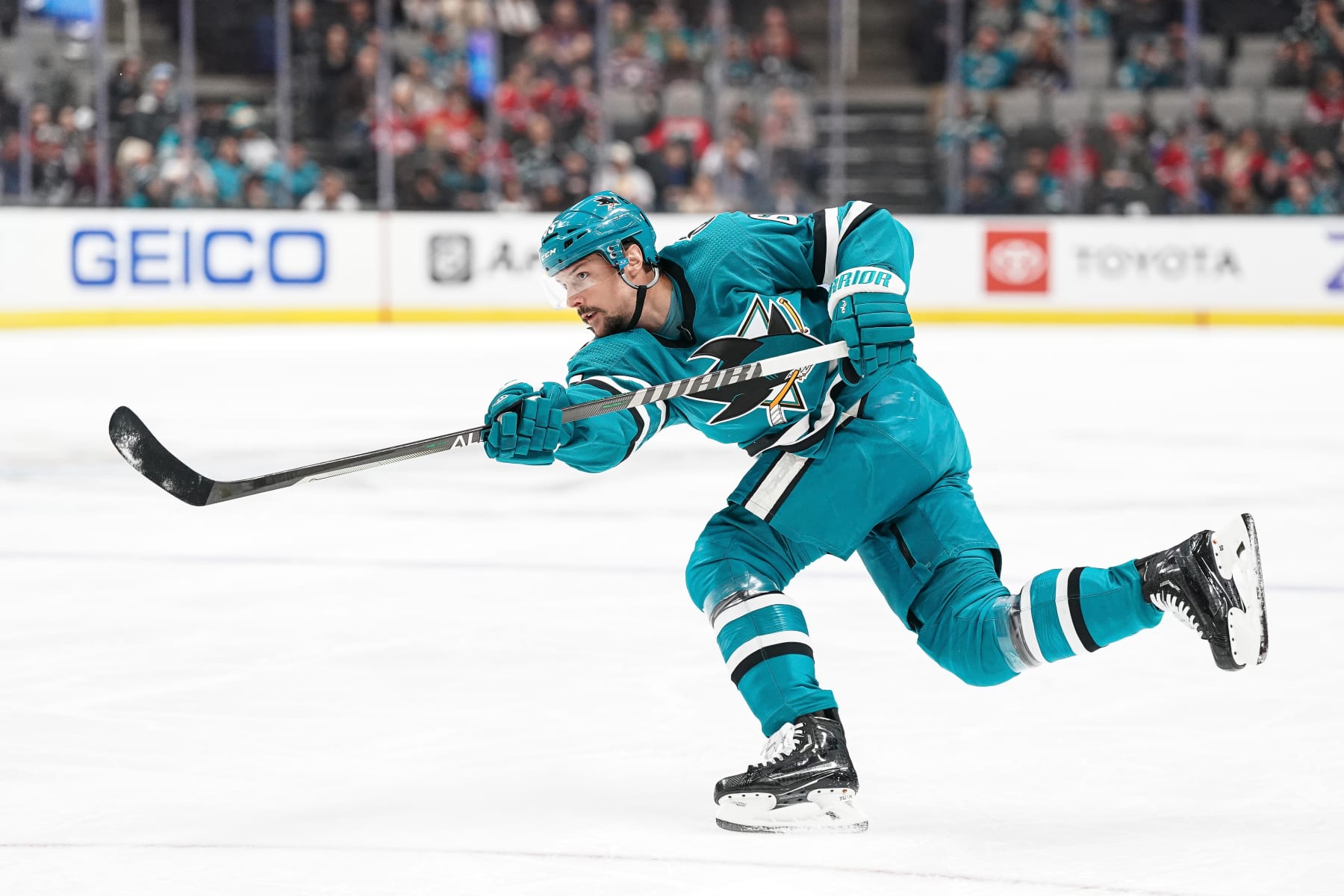 SAN JOSE, CA - FEBRUARY 28: Erik Karlsson #65 of the San Jose Sharks takes a shot on goal against the Montreal Canadiens at SAP Center on February 28, 2023 in San Jose, California. (Photo by Kavin Mistry/NHLI via Getty Images)