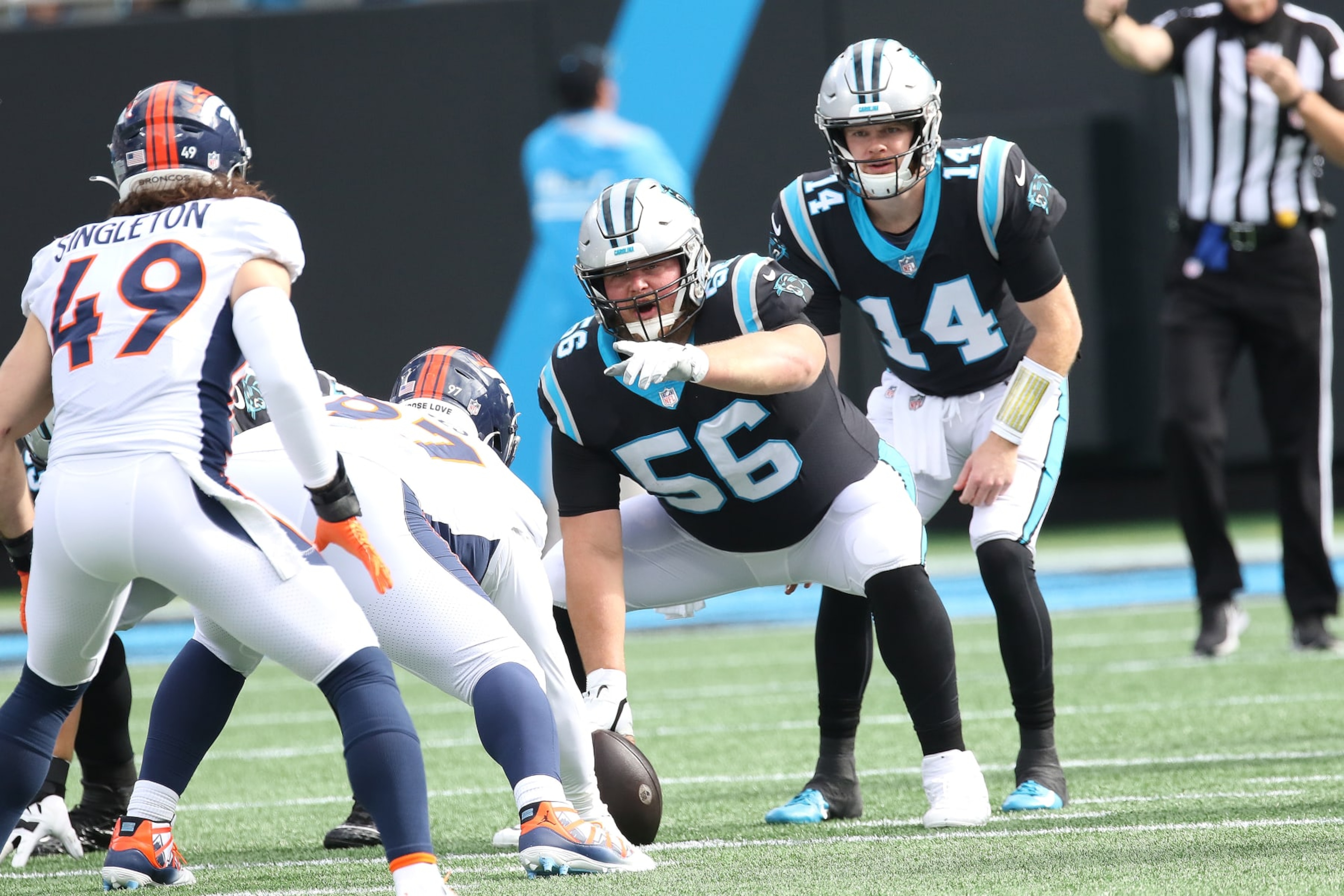 CHARLOTTE, NC - NOVEMBER 27: Carolina Panthers center/guard Bradley Bozeman (56) during an NFL football game between the Denver Broncos and the Carolina Panthers on November 27, 2022, at Bank of America Stadium in Charlotte, N.C. (Photo by John Byrum/Icon Sportswire via Getty Images)