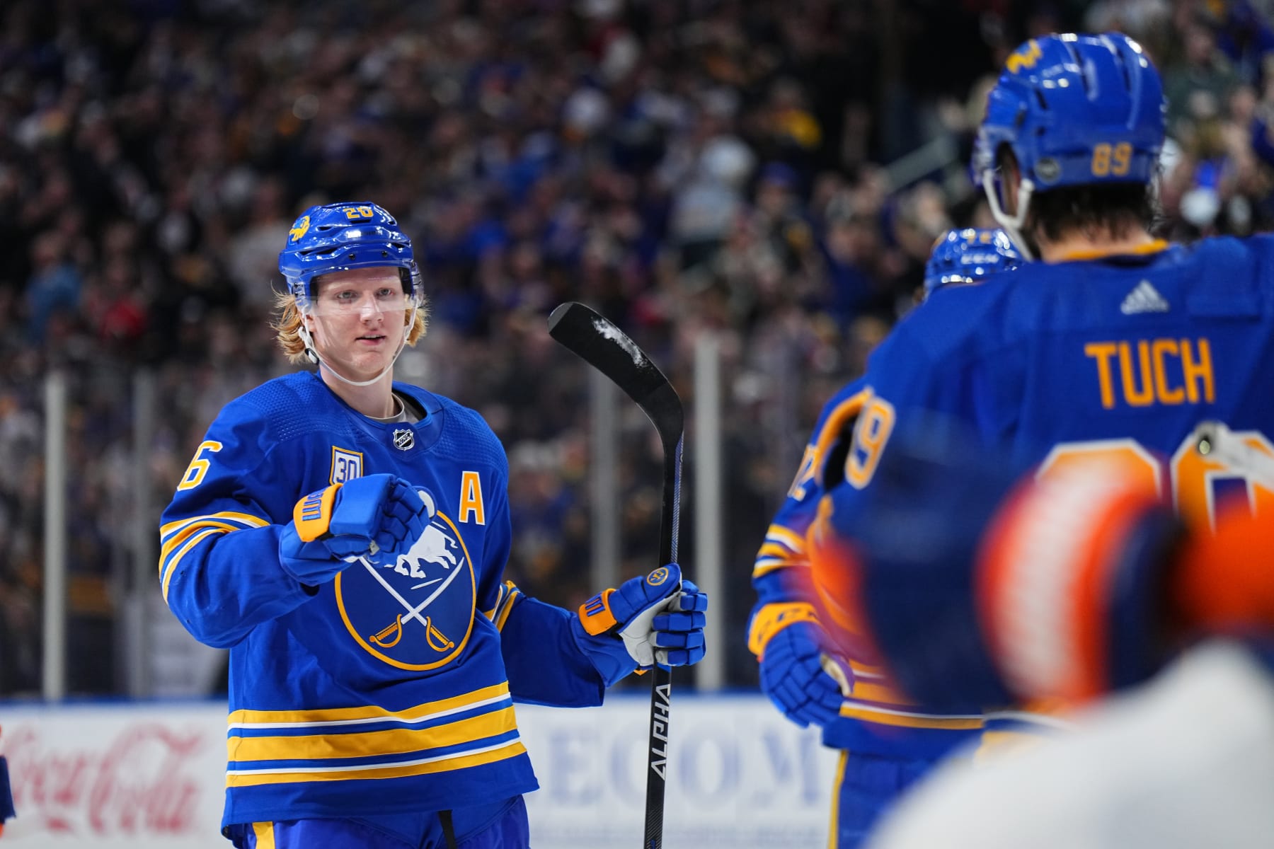 BUFFALO, NY - JANUARY 19: Alex Tuch #89 celebrates his second period goal with Rasmus Dahlin #26 of the Buffalo Sabres during an NHL game against the New York Islanders on January 19, 2023 at KeyBank Center in Buffalo, New York. (Photo by Ben Green/NHLI via Getty Images)