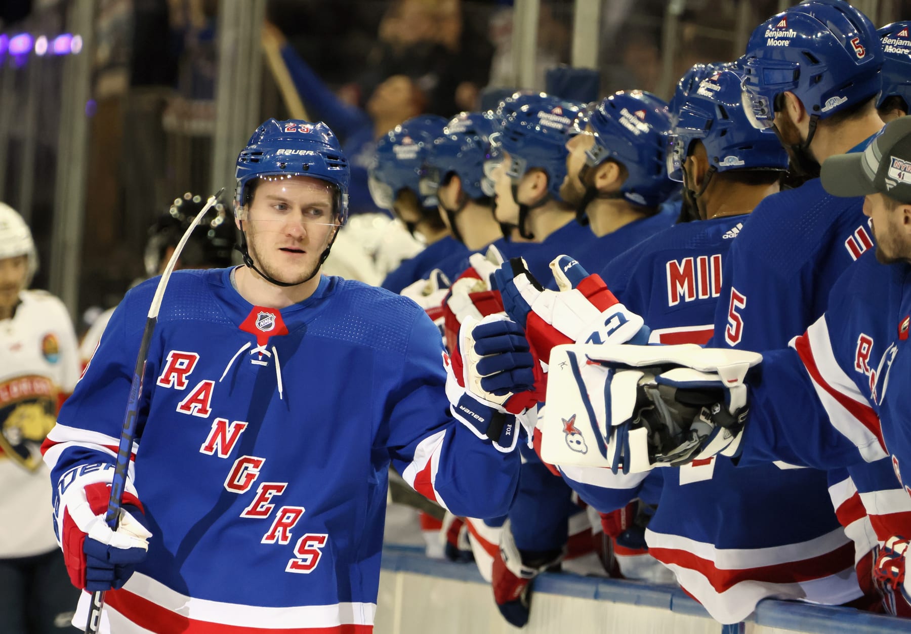 NEW YORK, NEW YORK - JANUARY 23: Adam Fox #23 of the New York Rangers celebrates his first period goal against the Florida Panthers at Madison Square Garden on January 23, 2023 in New York City. (Photo by Bruce Bennett/Getty Images)
