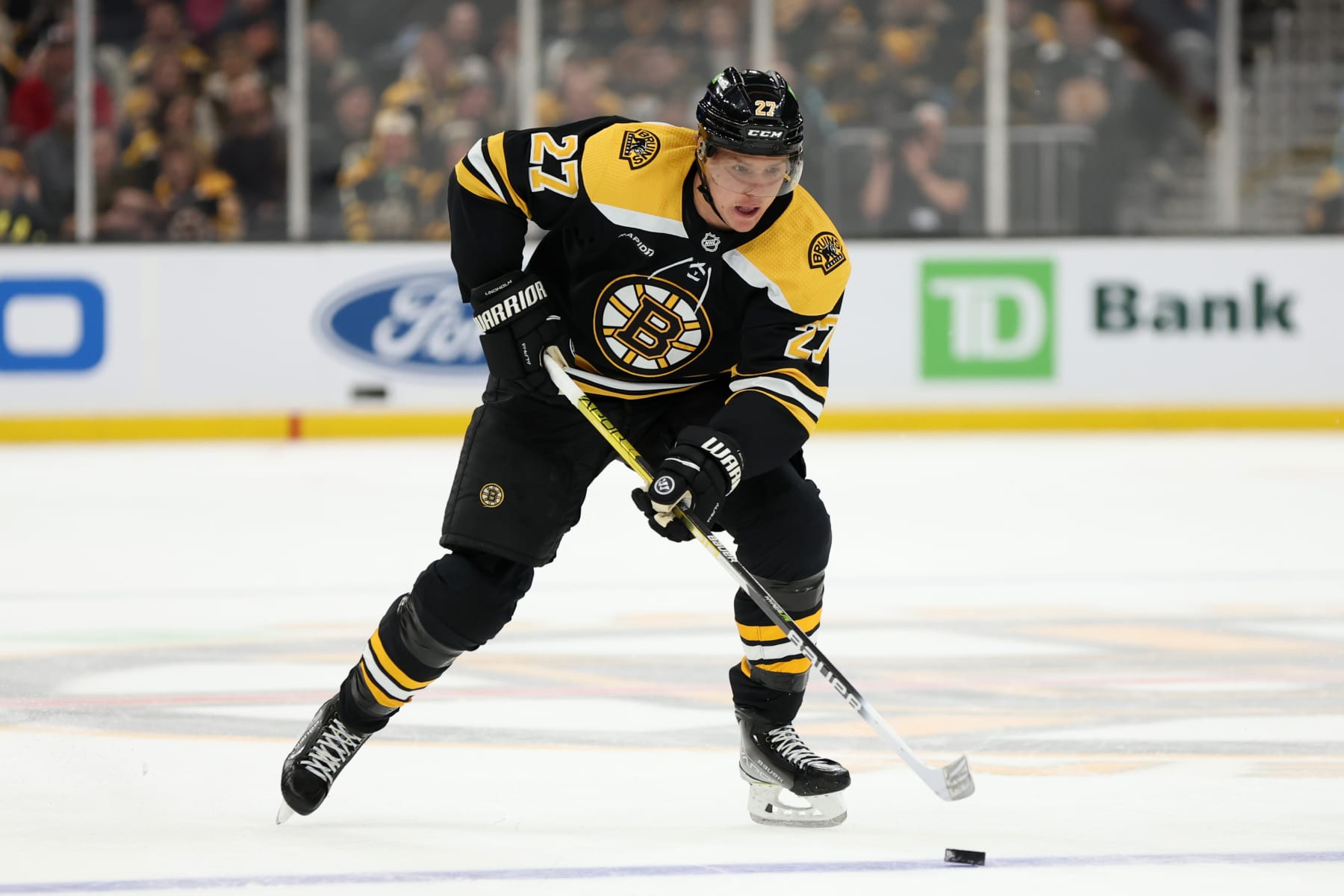 BOSTON, MASSACHUSETTS - JANUARY 12: Hampus Lindholm #27 of the Boston Bruins skates against the Seattle Kraken during the first period at TD Garden on January 12, 2023 in Boston, Massachusetts. (Photo by Maddie Meyer/Getty Images)
