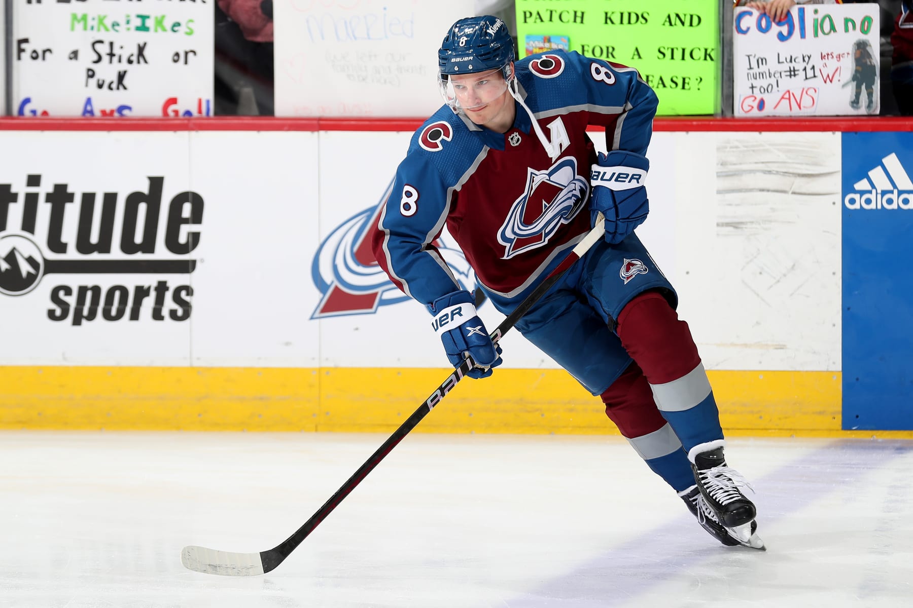 DENVER, COLORADO - MARCH 09: Cale Makar #8 of the Colorado Avalanche skates prior to the game against the Los Angeles Kings at Ball Arena on March 9, 2023 in Denver, Colorado. (Photo by Michael Martin/NHLI via Getty Images)
