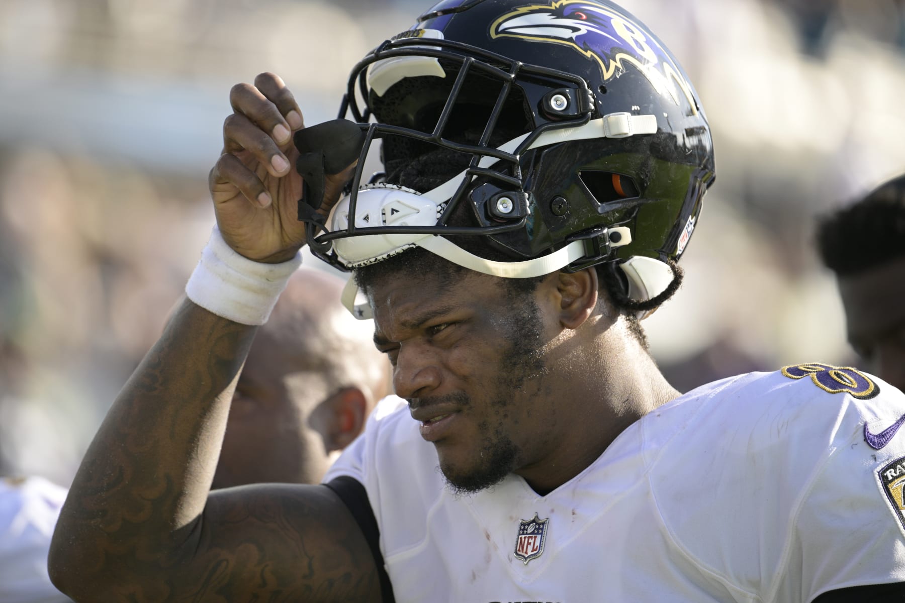 Baltimore Ravens quarterback Lamar Jackson (8) leaves the field after the end of the first half of an NFL football game against the Jacksonville Jaguars, Sunday, Nov. 27, 2022, in Jacksonville, Fla. (AP Photo/Phelan M. Ebenhack)