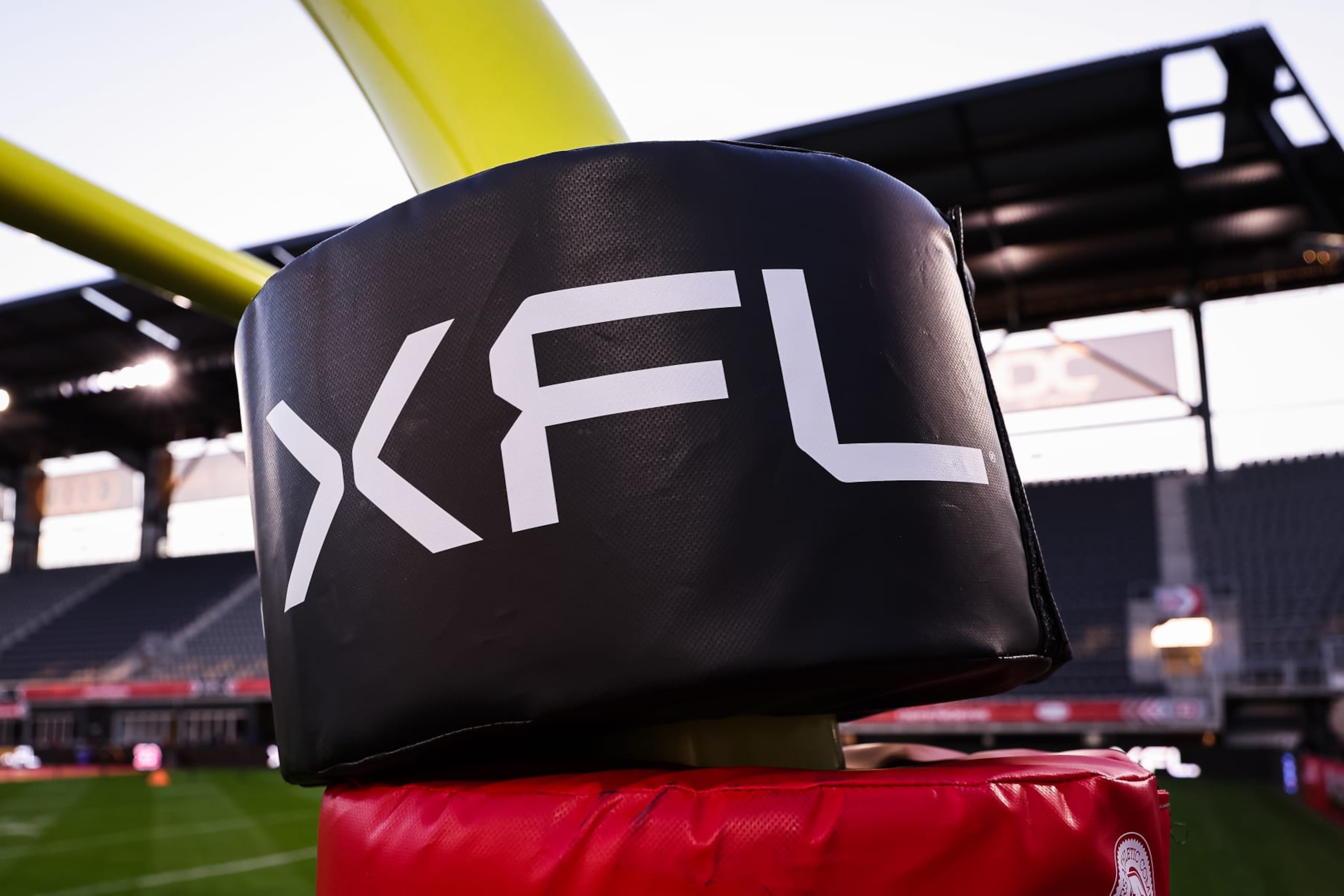 WASHINGTON, DC - FEBRUARY 19: A general view of the XFL logo on the goal post padding before the XFL game between the DC Defenders and the Seattle Sea Dragons at Audi Field on February 19, 2023 in Washington, DC. (Photo by Scott Taetsch/Getty Images)