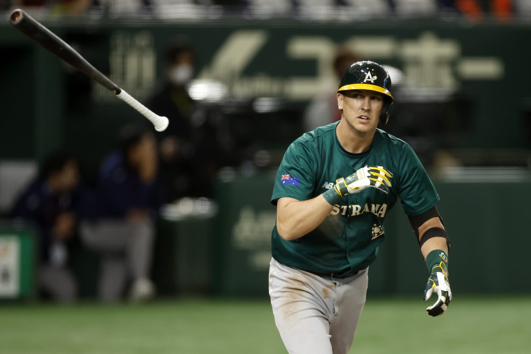 BUNKYO CITY, JAPAN - MARCH 09: Robbie Glendinning #6 of Team Australia flips his bat after a home runduring the game between the Team Australia and the Team Korea at Tokyo Dome on Thursday, March 9, 2023 in Bunkyo City, Japan. (Photo by Yuki Taguchi/MLB Photos via Getty Images)