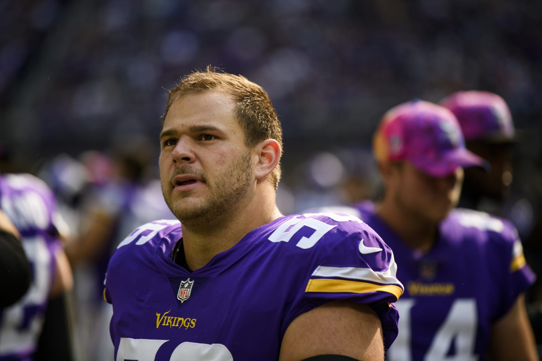 MINNEAPOLIS, MN - OCTOBER 09: Garrett Bradbury #56 of the Minnesota Vikings looks on from the bench before the game against the Chicago Bears at U.S. Bank Stadium on October 9, 2022 in Minneapolis, Minnesota. (Photo by Stephen Maturen/Getty Images)
