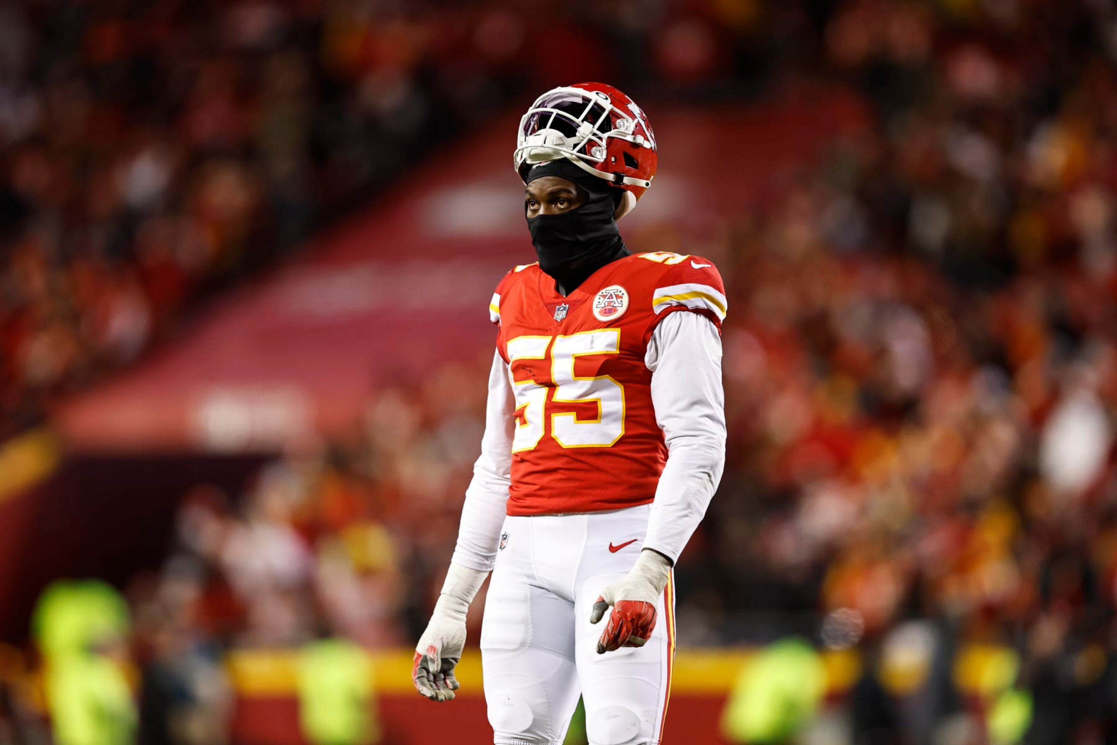 KANSAS CITY, MISSOURI - JANUARY 29: Frank Clark #55 of the Kansas City Chiefs looks on during the AFC Championship NFL football game between the Kansas City Chiefs and the Cincinnati Bengals at GEHA Field at Arrowhead Stadium on January 29, 2023 in Kansas City, Missouri. (Photo by Michael Owens/Getty Images)