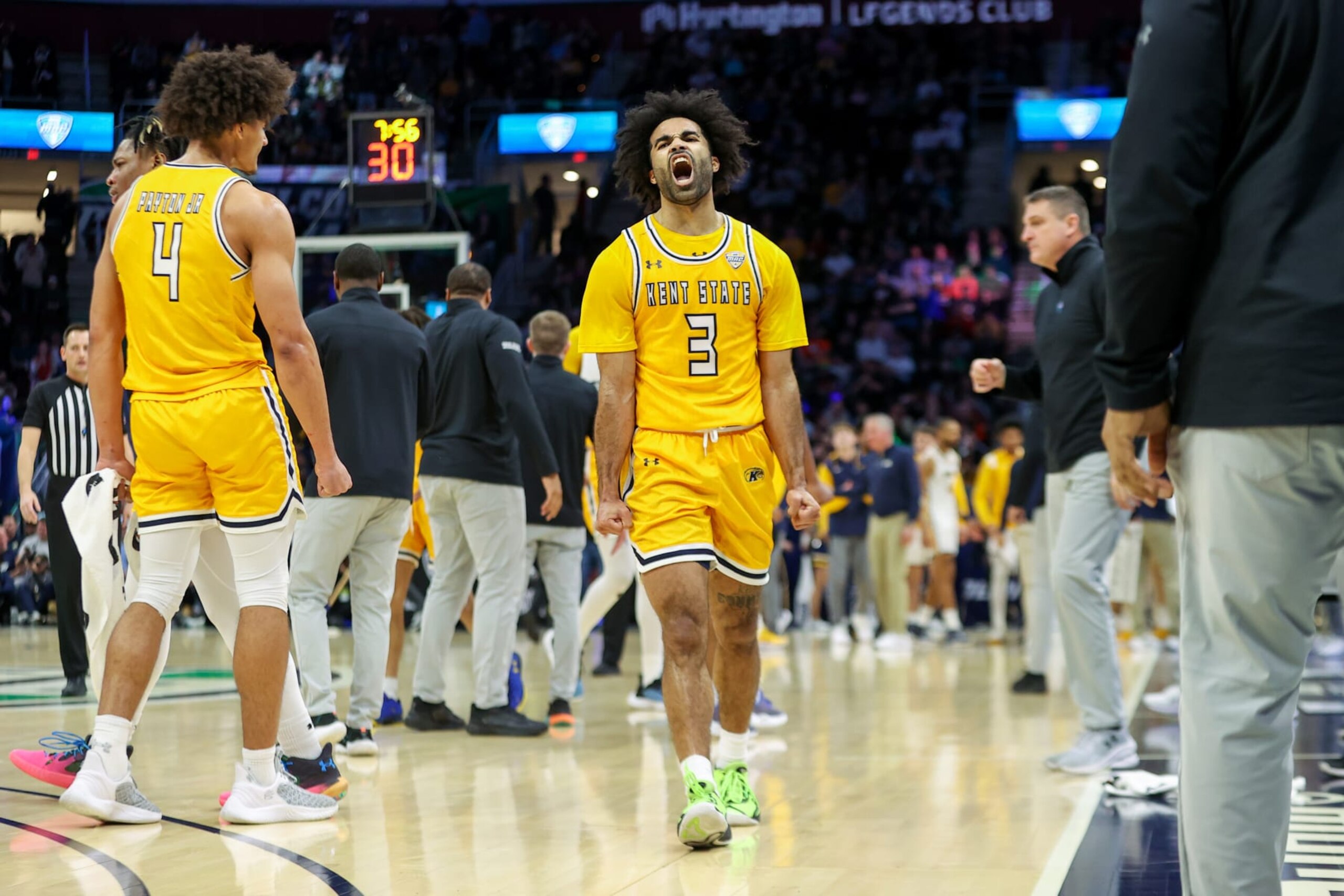 CLEVELAND, OH - MARCH 11: Kent State Golden Flashes guard Sincere Carry (3) celebrates during the first half of the MAC Mens Basketball Tournament Championship game between the Kent State Golden Flashes and Toledo Rockets on March 11, 2023, at Rocket Mortgage FieldHouse in Cleveland, OH. Photo by Frank Jansky/Icon Sportswire via Getty Images)