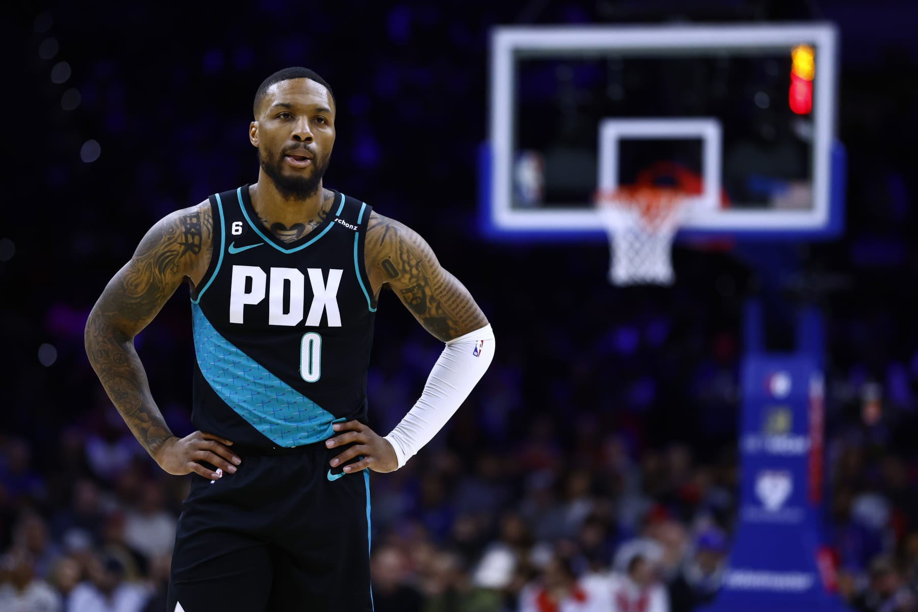 PHILADELPHIA, PA - MARCH 10: Damian Lillard #0 of the Portland Trail Blazers in action against the Philadelphia 76ers during a game at Wells Fargo Center on March 10, 2023 in Philadelphia, Pennsylvania. The 76ers defeated the Trail Blazers 120-119. NOTE TO USER: User expressly acknowledges and agrees that, by downloading and or using this photograph, User is consenting to the terms and conditions of the Getty Images License Agreement. (Photo by Rich Schultz/Getty Images)