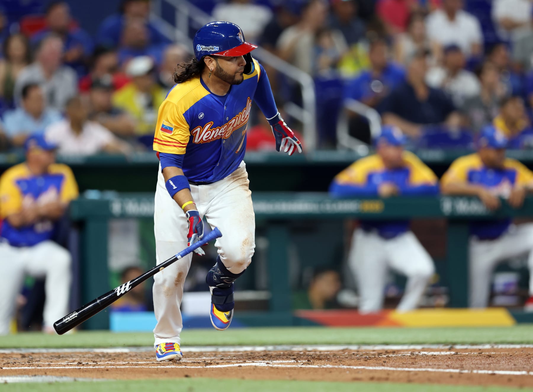 MIAMI, FL - MARCH 14: Eugenio Suárez #10 of Team Venezuela hits a single during Game 7 of Pool D between Team Nicaragua and Team Venezuela at loanDepot Park on Tuesday, March 14, 2023 in Miami, Florida. (Photo by Rob Tringali/WBCI/MLB Photos via Getty Images)