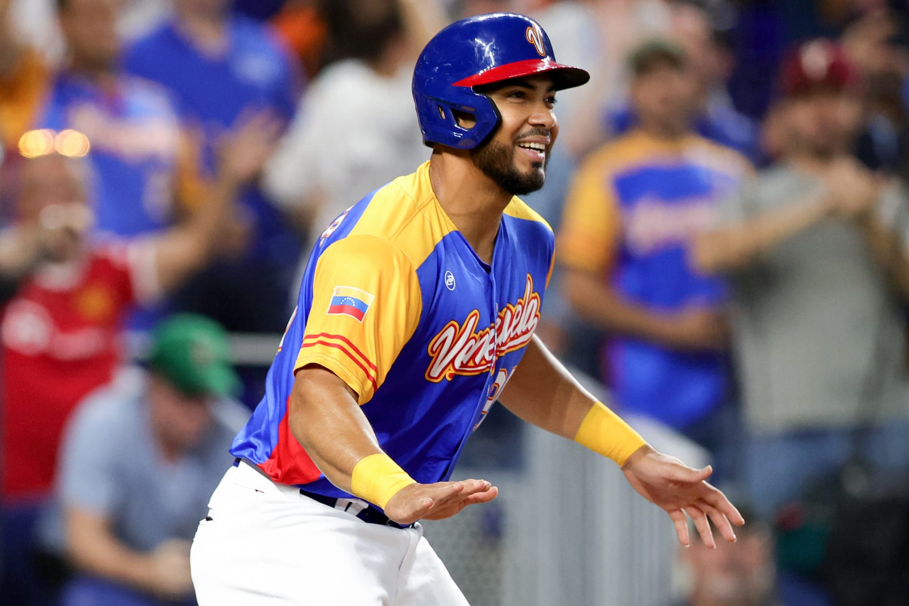 MIAMI, FLORIDA - MARCH 14: Anthony Santander #25 of Team Venezuela celebrates after scoring a run against Team Nicaragua during the fourth inning in a World Baseball Classic Pool D game at loanDepot park on March 14, 2023 in Miami, Florida. (Photo by Megan Briggs/Getty Images)