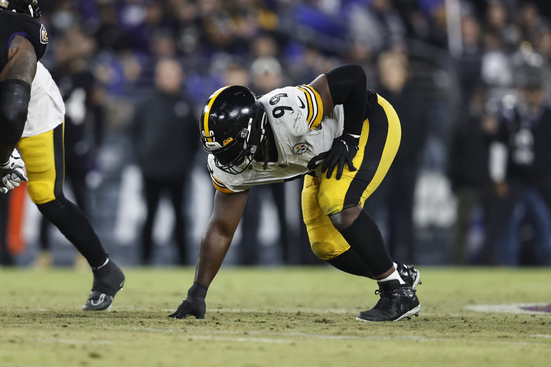 BALTIMORE, MARYLAND - JANUARY 01: Larry Ogunjobi #99 of the Pittsburgh Steelers lines up during an NFL football game between the Baltimore Ravens and the Pittsburgh Steelers at M&T Bank Stadium on January 01, 2023 in Baltimore, Maryland. (Photo by Michael Owens/Getty Images)