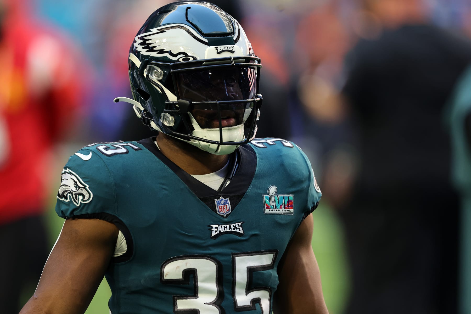 GLENDALE, ARIZONA - FEBRUARY 12: Boston Scott #35 of the Philadelphia Eagles warms up prior to Super Bowl LVII against the Kansas City Chiefs at State Farm Stadium on February 12, 2023 in Glendale, Arizona. (Photo by Gregory Shamus/Getty Images)