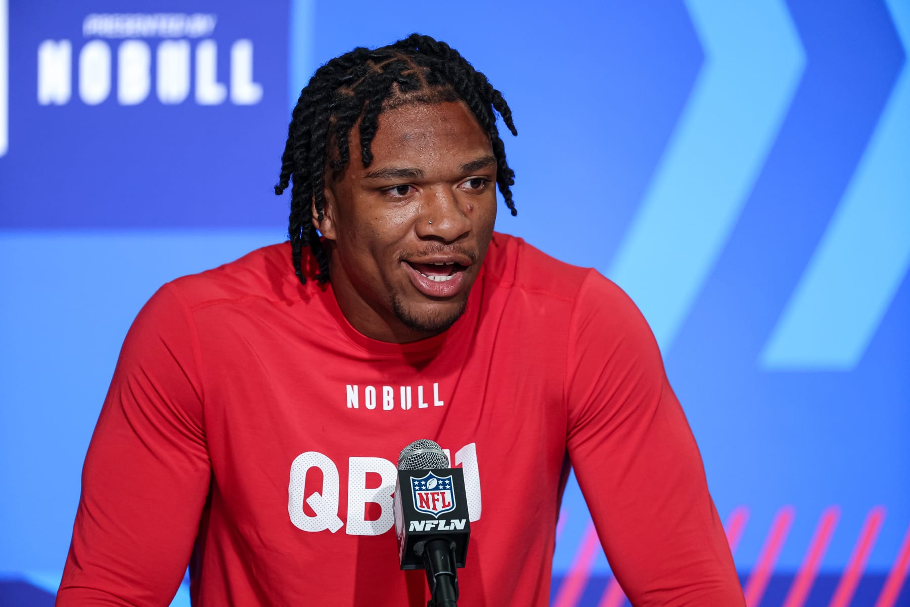 INDIANAPOLIS, IN - MARCH 03: Quarterback Anthony Richardson of Florida speaks to the media during the NFL Combine at Lucas Oil Stadium on March 3, 2023 in Indianapolis, Indiana. (Photo by Michael Hickey/Getty Images)
