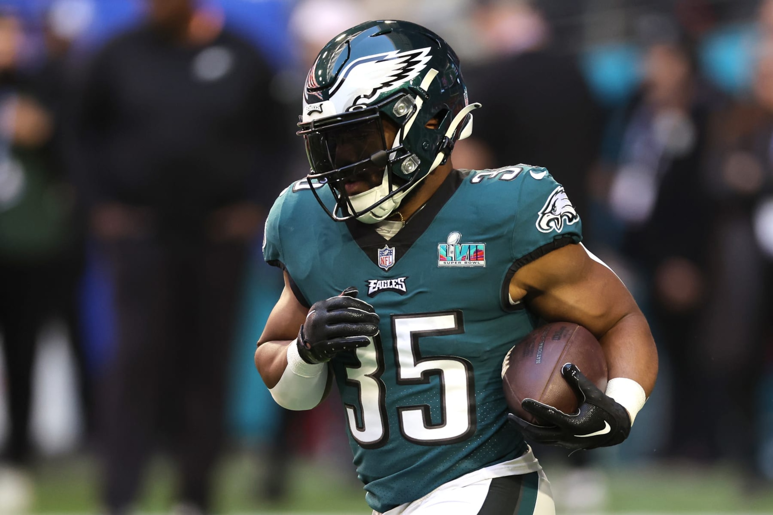 GLENDALE, ARIZONA - FEBRUARY 12: Boston Scott #35 of the Philadelphia Eagles warms up prior to playing the Kansas City Chiefs in Super Bowl LVII at State Farm Stadium on February 12, 2023 in Glendale, Arizona. (Photo by Gregory Shamus/Getty Images)