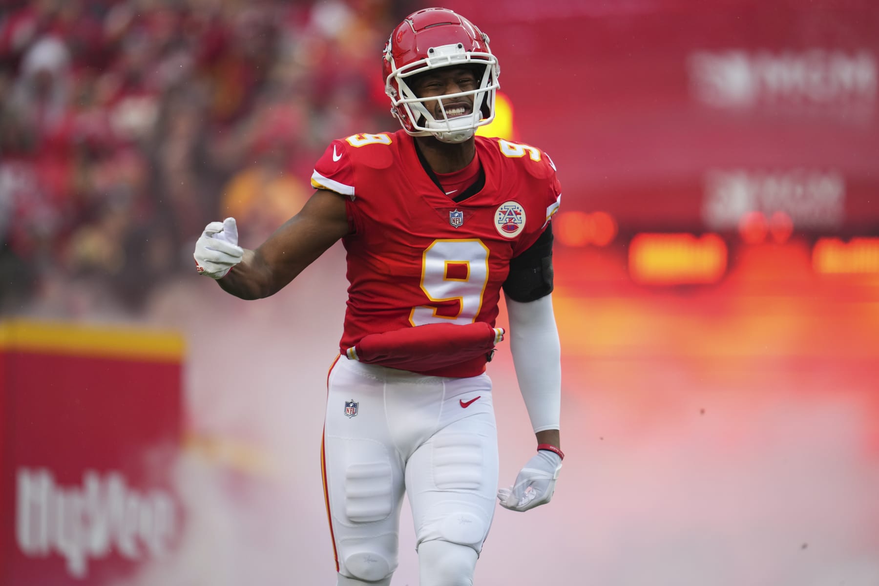 KANSAS CITY, MO - JANUARY 21: JuJu Smith-Schuster #9 of the Kansas City Chiefs runs onto the field during introductions against the Jacksonville Jaguars at GEHA Field at Arrowhead Stadium on January 21, 2023 in Kansas City, Missouri. (Photo by Cooper Neill/Getty Images)