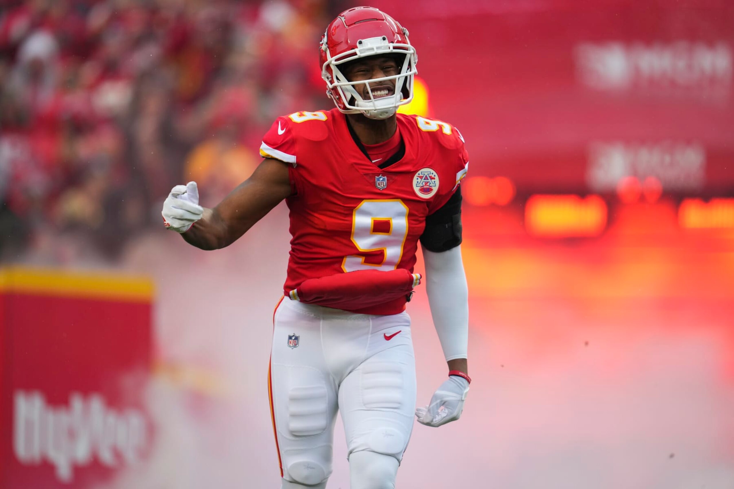 KANSAS CITY, MO - JANUARY 21: JuJu Smith-Schuster #9 of the Kansas City Chiefs runs onto the field during introductions against the Jacksonville Jaguars at GEHA Field at Arrowhead Stadium on January 21, 2023 in Kansas City, Missouri. (Photo by Cooper Neill/Getty Images)