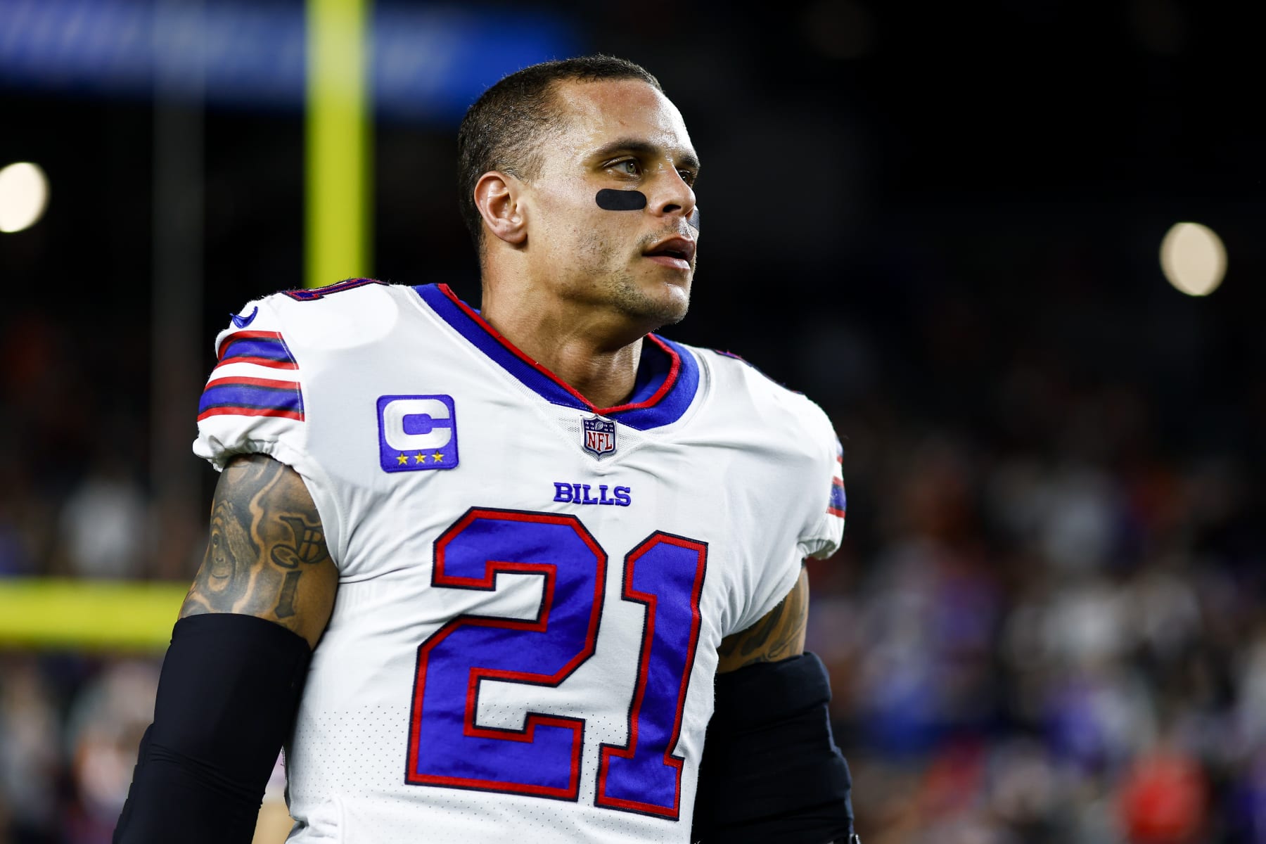 CINCINNATI, OH - JANUARY 2: Jordan Poyer #21 of the Buffalo Bills stretches prior to an NFL football game against the Cincinnati Bengals at Paycor Stadium on January 2, 2023 in Cincinnati, Ohio. (Photo by Kevin Sabitus/Getty Images)