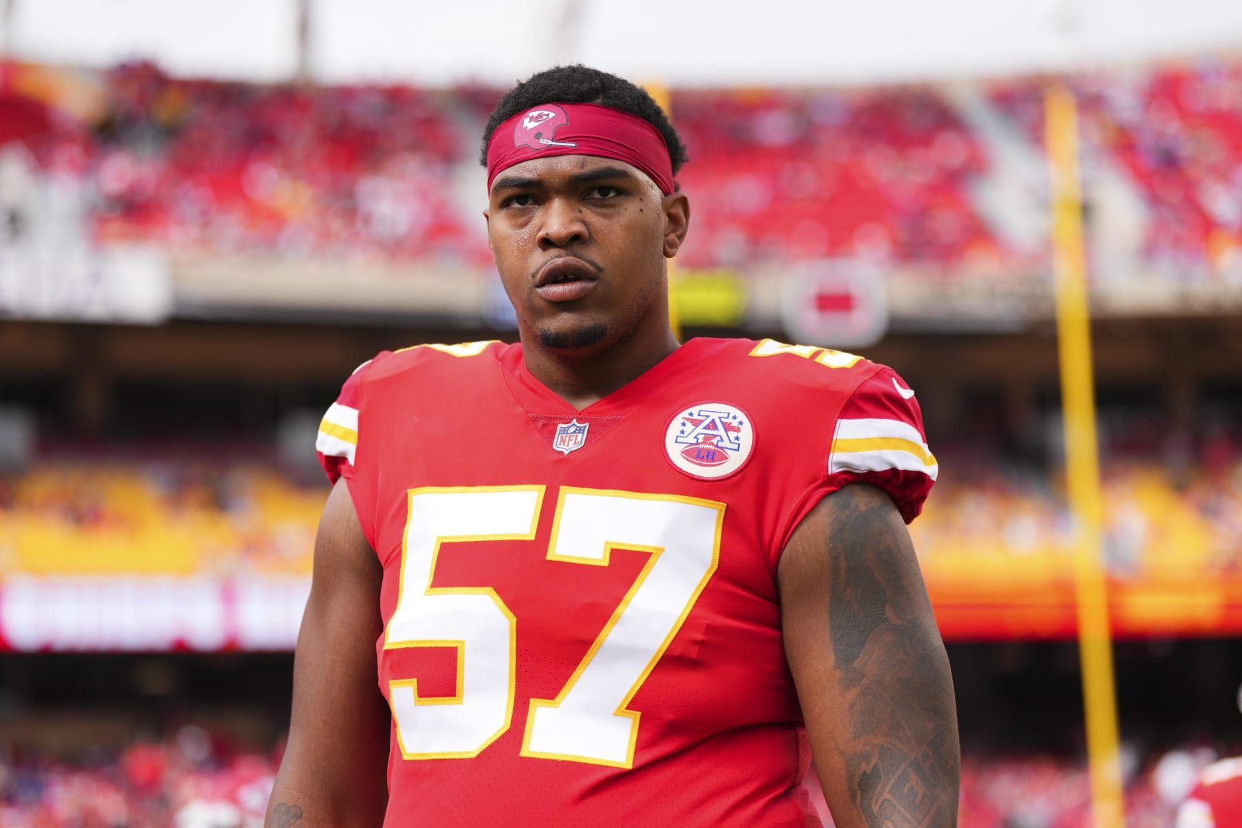 KANSAS CITY, MO - OCTOBER 16: Orlando Brown Jr. #57 of the Kansas City Chiefs warms up against the Buffalo Bills at GEHA Field at Arrowhead Stadium on October 16, 2022 in Kansas City, Missouri. (Photo by Cooper Neill/Getty Images)