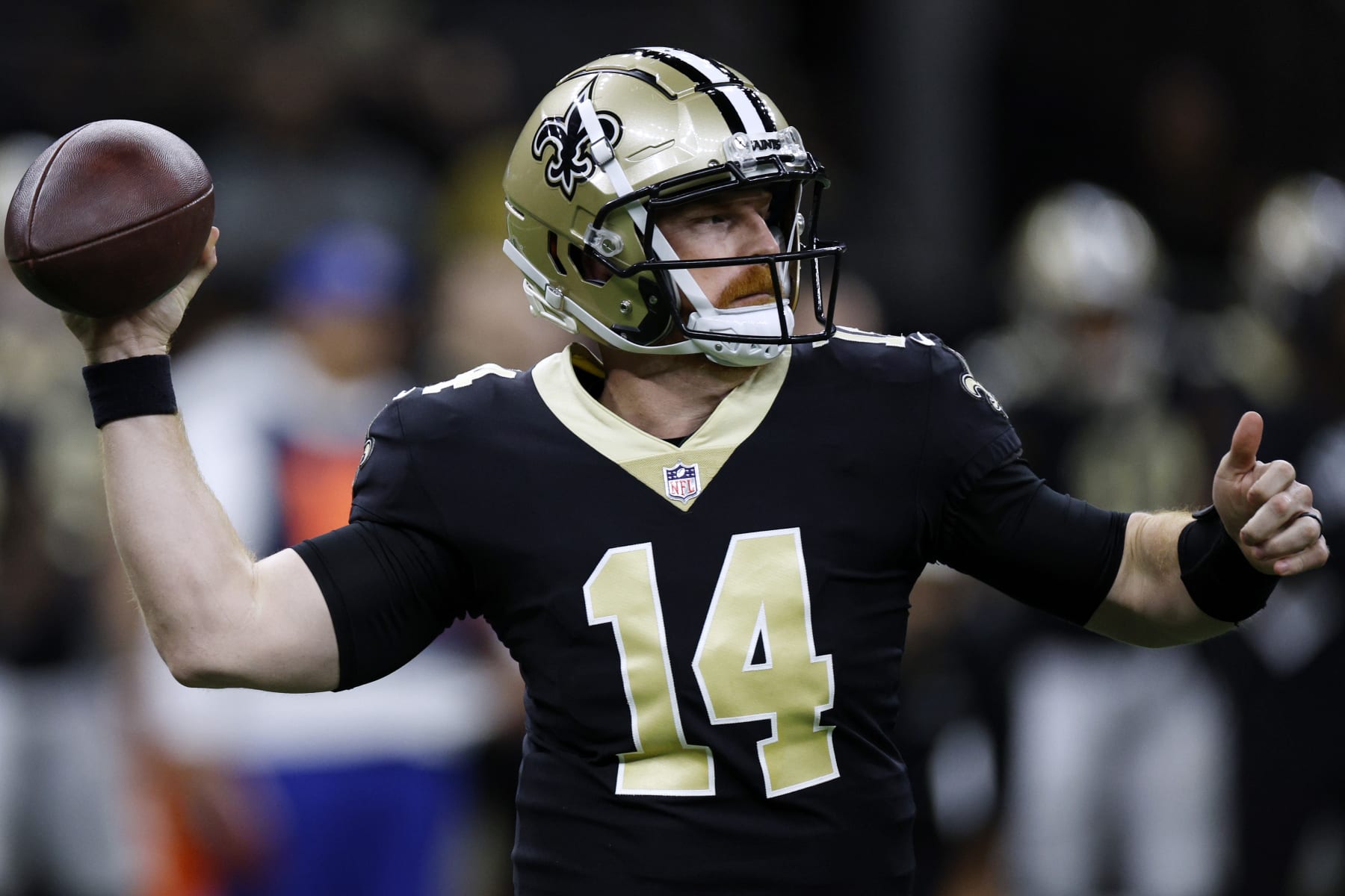 NEW ORLEANS, LOUISIANA - JANUARY 08: Andy Dalton #14 of the New Orleans Saints throws the ball during the third quarter against the Carolina Panthers at Caesars Superdome on January 08, 2023 in New Orleans, Louisiana. (Photo by Chris Graythen/Getty Images)