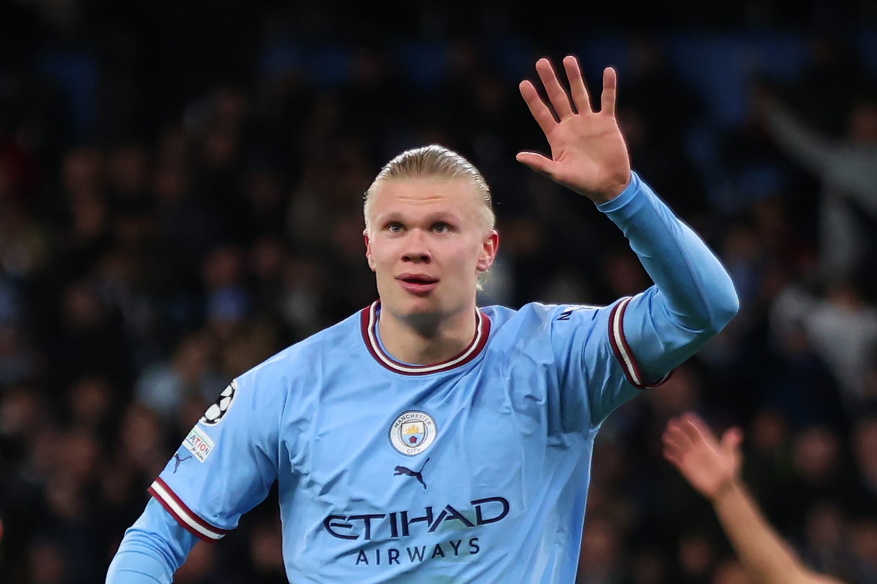 MANCHESTER, ENGLAND - MARCH 14: Erling Haaland of Manchester City celebrates scoring his 5th goal during the UEFA Champions League round of 16 leg two match between Manchester City and RB Leipzig at Etihad Stadium on March 14, 2023 in Manchester, United Kingdom. (Photo by Marc Atkins/Getty Images)