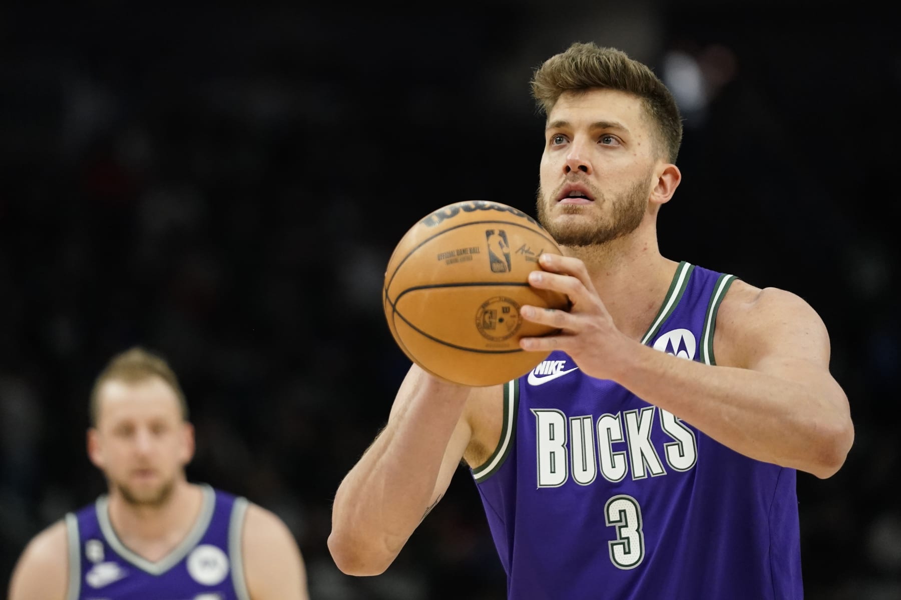 Milwaukee Bucks' Meyers Leonard shoots a free throw during the second half of an NBA basketball game against the Miami Heat Friday, Feb. 24, 2023, in Milwaukee. (AP Photo/Aaron Gash)