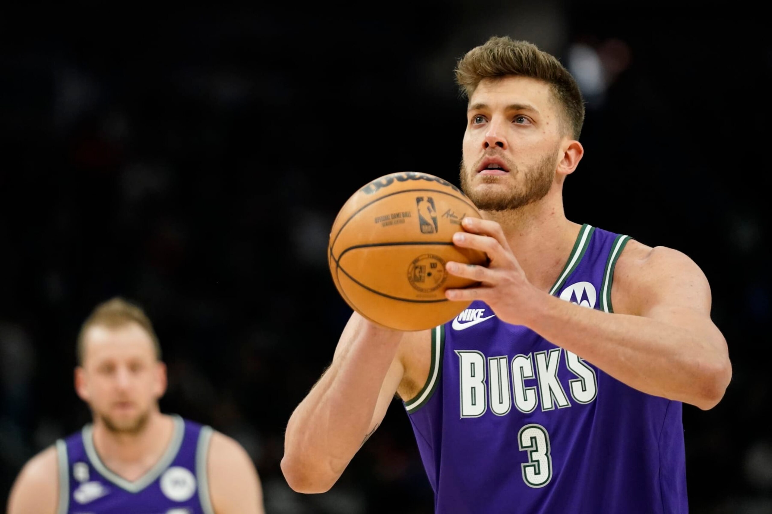 Milwaukee Bucks' Meyers Leonard shoots a free throw during the second half of an NBA basketball game against the Miami Heat Friday, Feb. 24, 2023, in Milwaukee. (AP Photo/Aaron Gash)