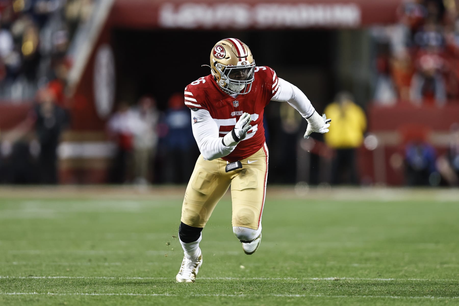 SANTA CLARA, CALIFORNIA - JANUARY 22: Samson Ebukam #56 of the San Francisco 49ers rushes the quarterback during an NFL divisional round playoff football game between the San Francisco 49ers and the Dallas Cowboys at Levi's Stadium on January 22, 2023 in Santa Clara, California. (Photo by Michael Owens/Getty Images)