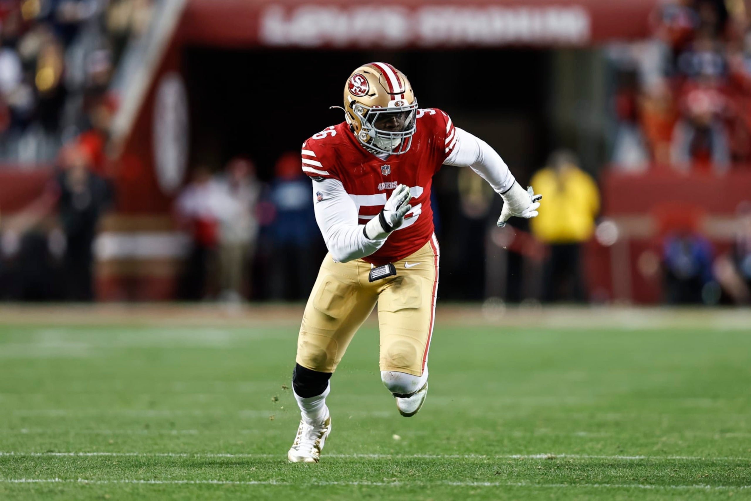 SANTA CLARA, CALIFORNIA - JANUARY 22: Samson Ebukam #56 of the San Francisco 49ers rushes the quarterback during an NFL divisional round playoff football game between the San Francisco 49ers and the Dallas Cowboys at Levi's Stadium on January 22, 2023 in Santa Clara, California. (Photo by Michael Owens/Getty Images)