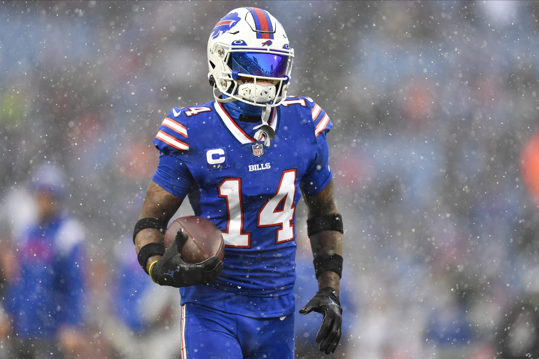 Buffalo Bills wide receiver Stefon Diggs (14) warms up before playing against the Cincinnati Bengals in an NFL division round football game, Sunday, Jan. 22, 2023, in Orchard Park, N.Y. (AP Photo/Adrian Kraus)