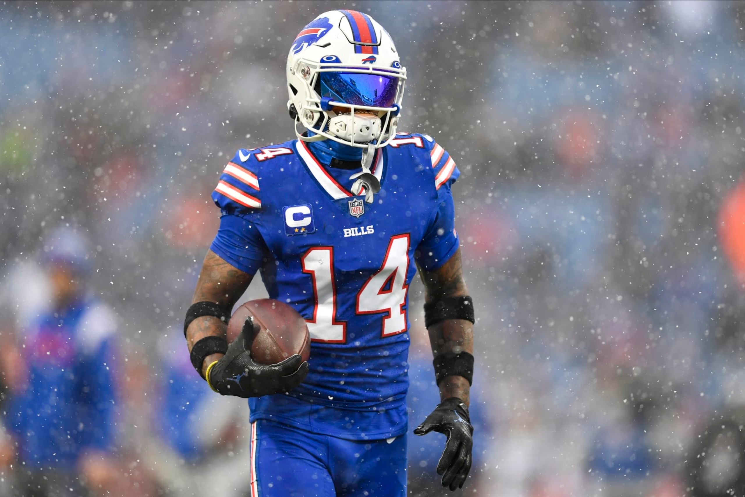 Buffalo Bills wide receiver Stefon Diggs (14) warms up before playing against the Cincinnati Bengals in an NFL division round football game, Sunday, Jan. 22, 2023, in Orchard Park, N.Y. (AP Photo/Adrian Kraus)
